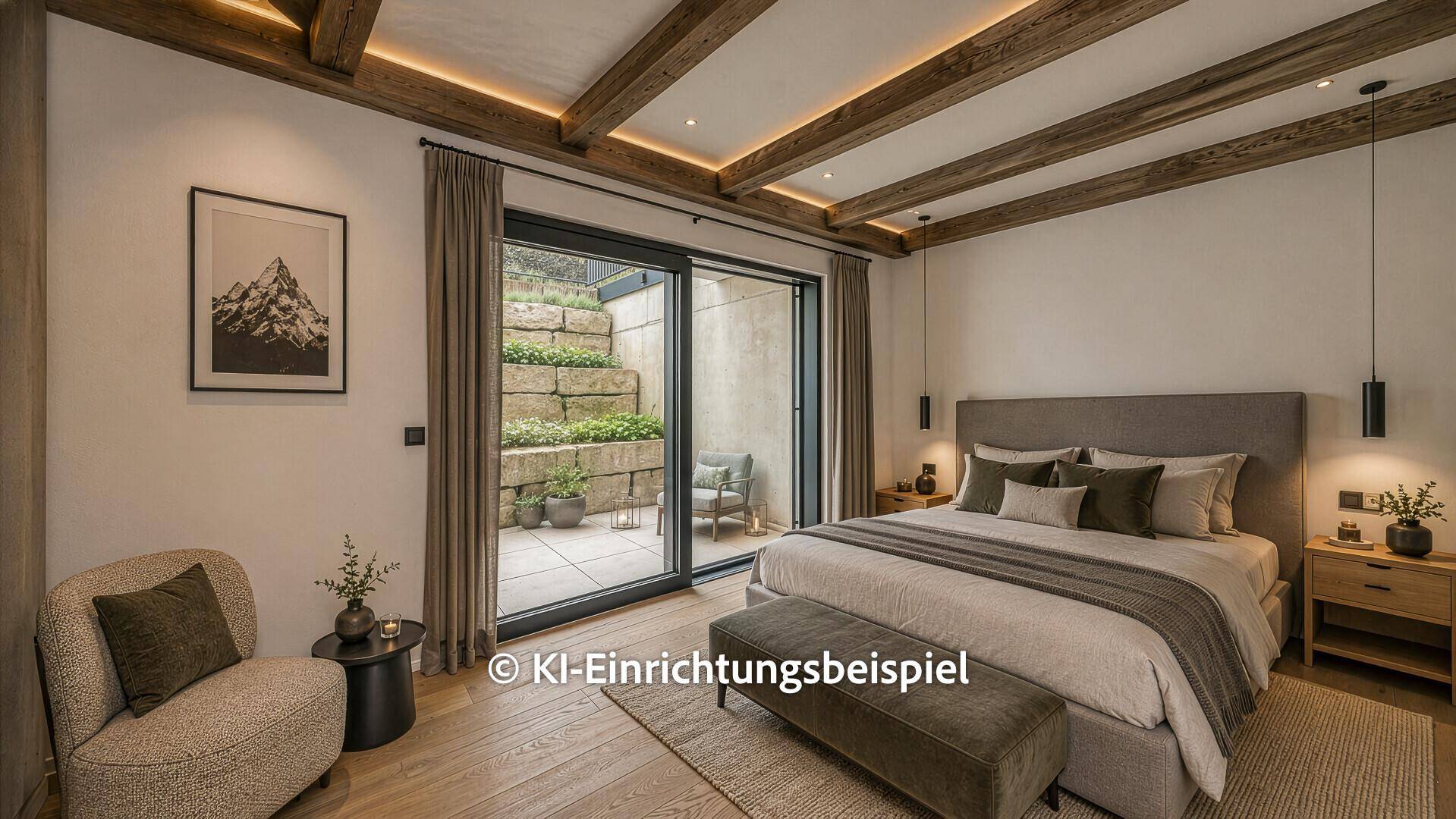 Stilvolles Schlafzimmer mit Holzbalken, großem Bett und Zugang zur Terrasse.