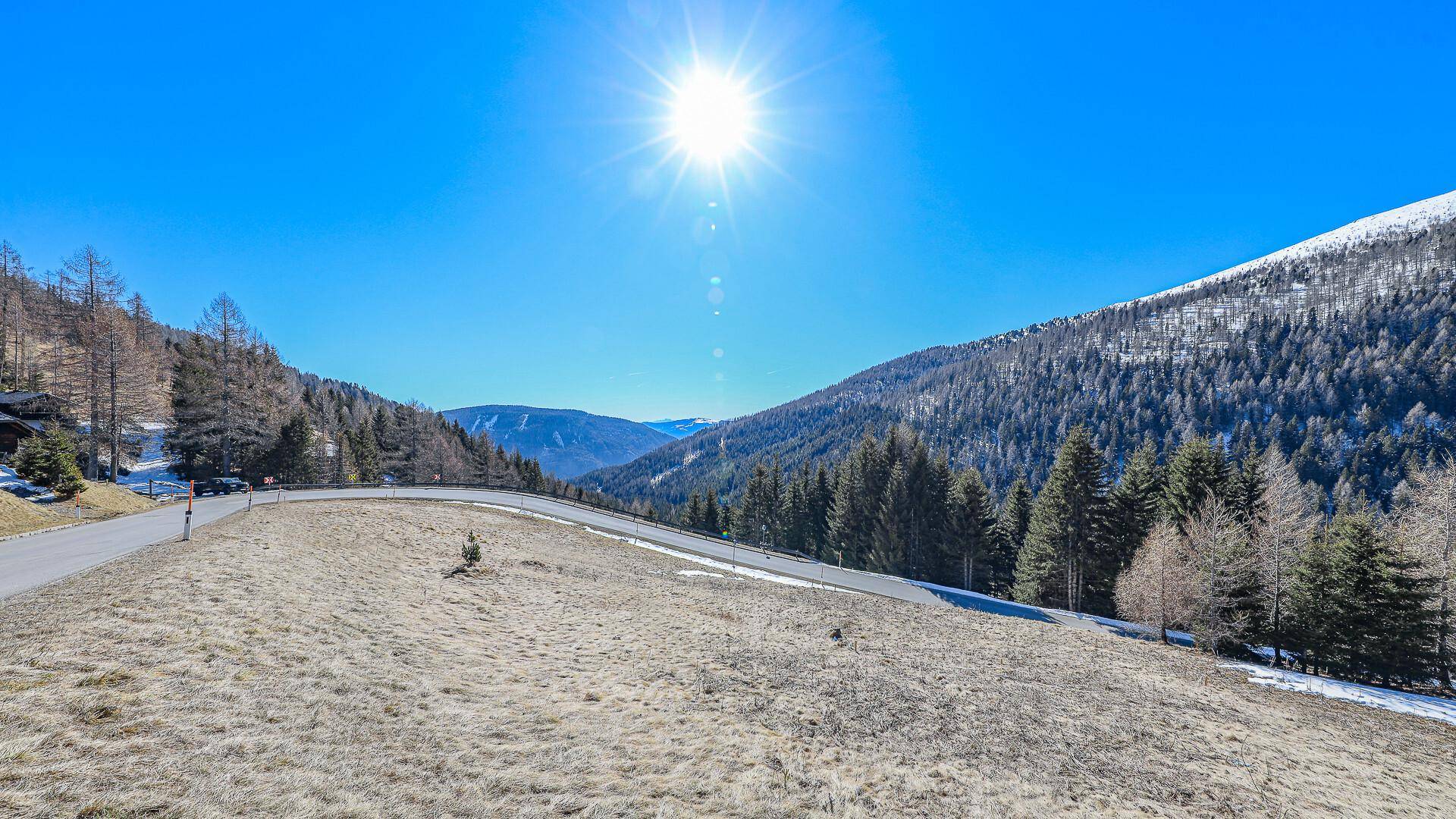 Sonnige Berglandschaft mit einer kurvigen Straße, umgeben von bewaldeten Hängen und weitem Talblick.
