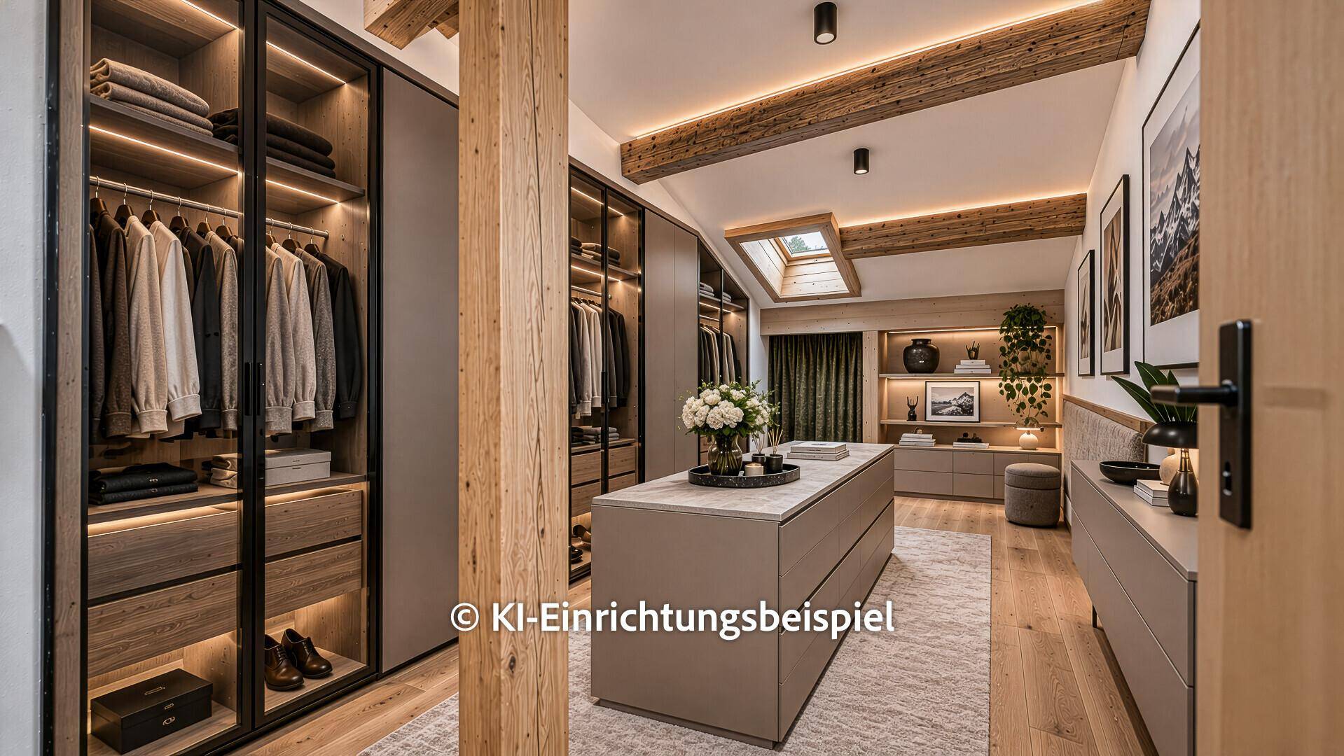 Luxuriöser begehbarer Kleiderschrank mit viel Stauraum, Holzbalken und Dachfenster.