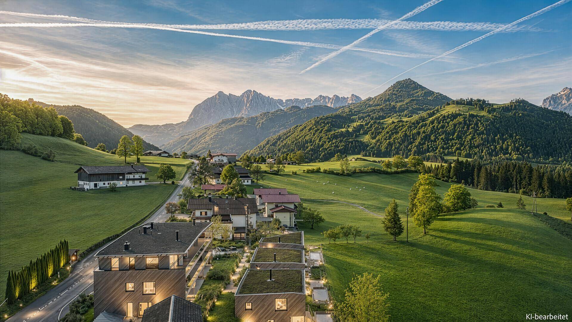 Luftaufnahme einer Siedlung in einer malerischen Berglandschaft mit grünen Hügeln und modernen Gebäuden.