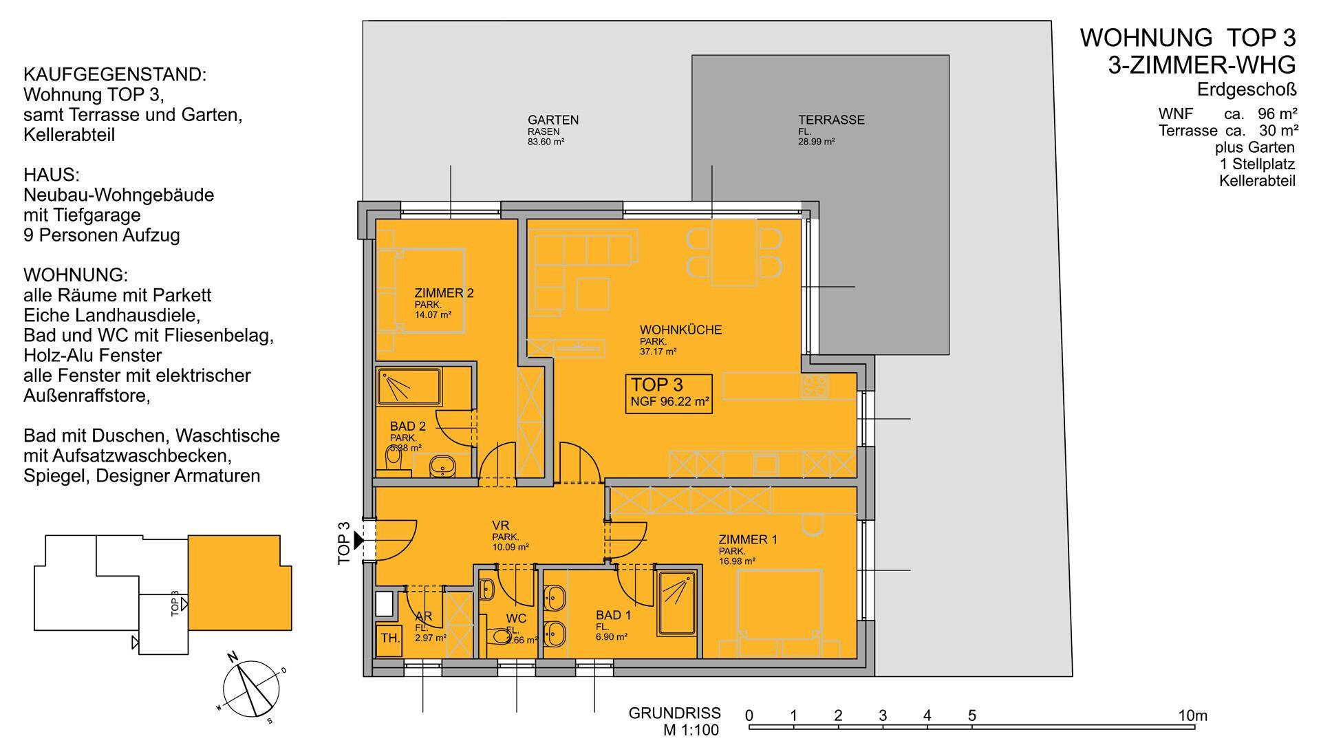 Grundriss der Wohnung Top 3 mit drei Zimmern, offener Wohnküche, Terrasse und Gartenanteil.