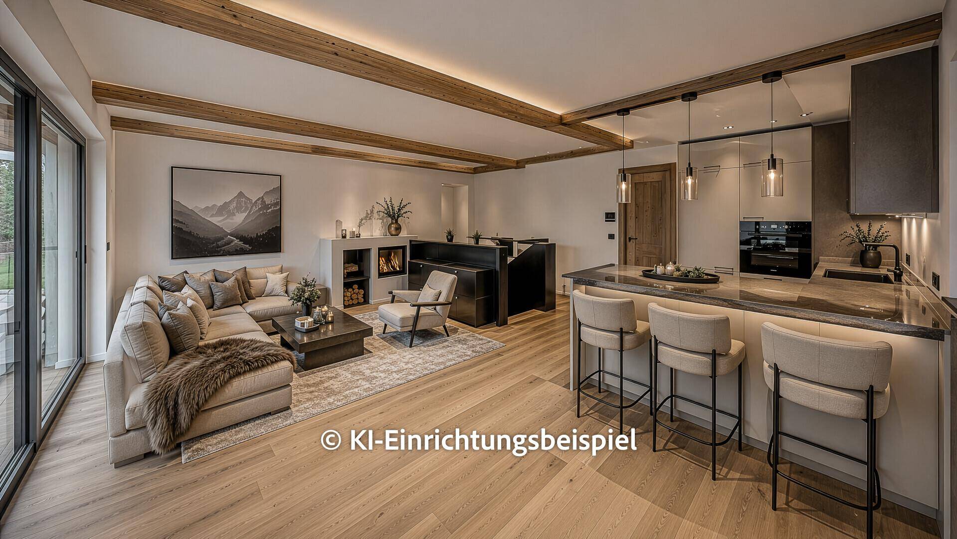 Gemütlicher Wohn-Essbereich mit Holzbalken, moderner Küche und Kamin.
