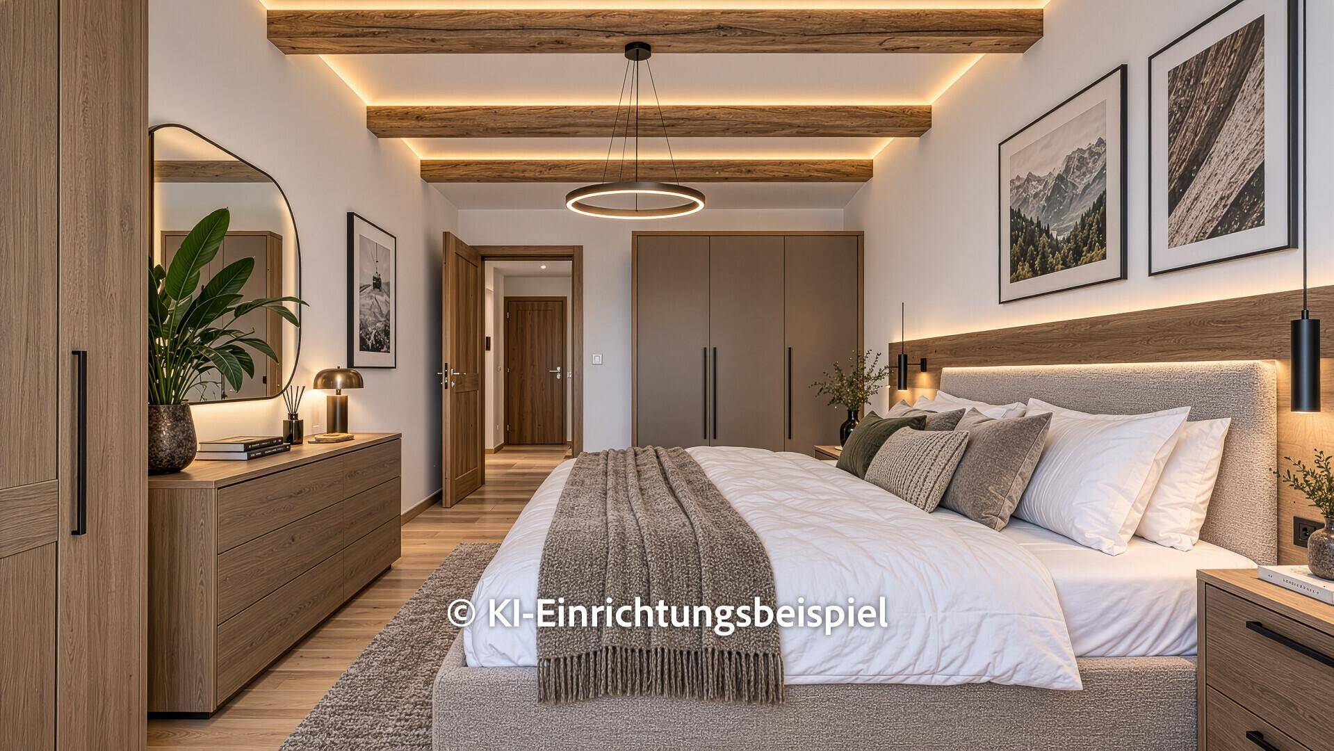 Modernes Schlafzimmer mit Holzbalkendecke, großem Bett und integrierten Kleiderschränken.