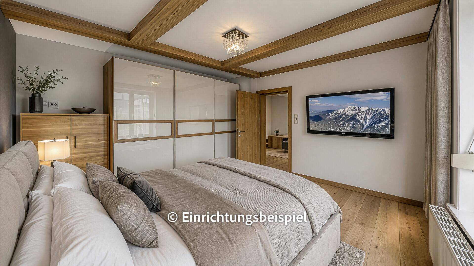 Modernes Schlafzimmer mit Holzbalken, Einbauschrank und gemütlichem Bett, als Einrichtungsbeispiel.