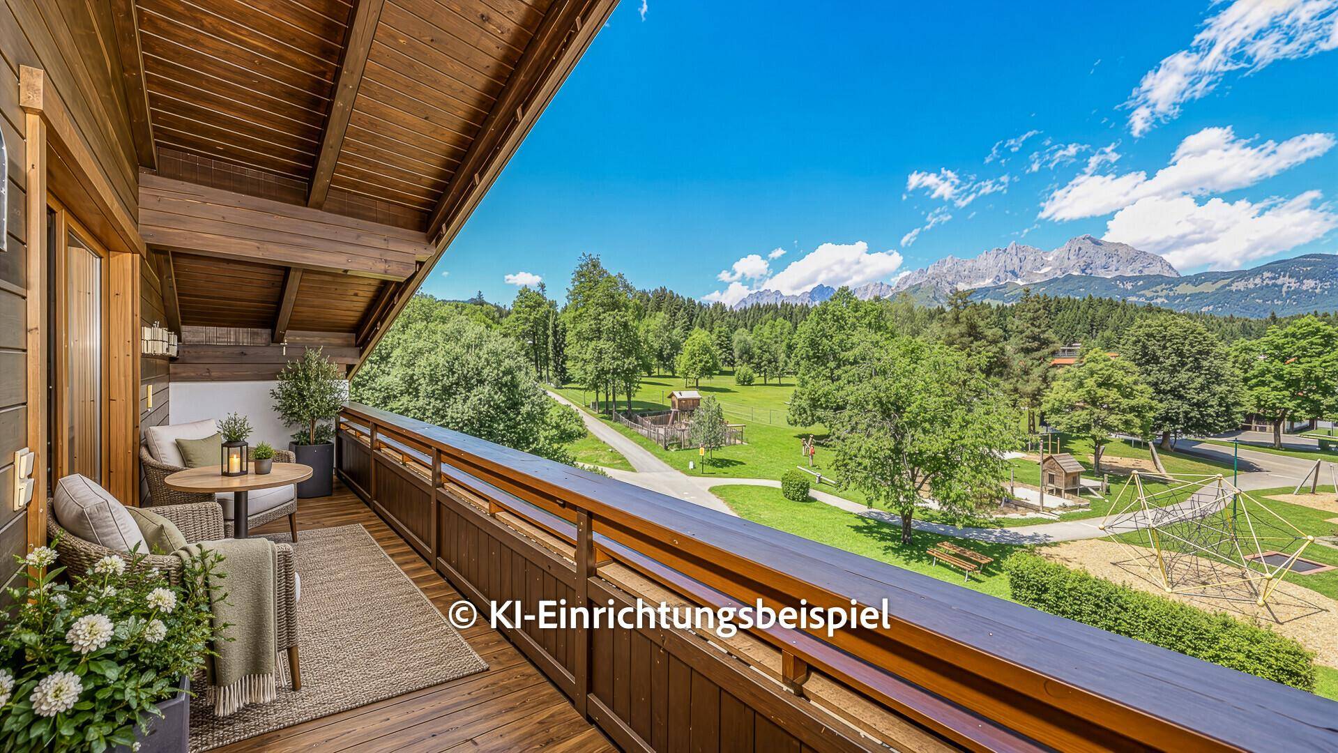 Gemütlicher Holzbalkon mit Sitzgelegenheiten, Pflanzen und Panoramablick auf die Berge und Natur.