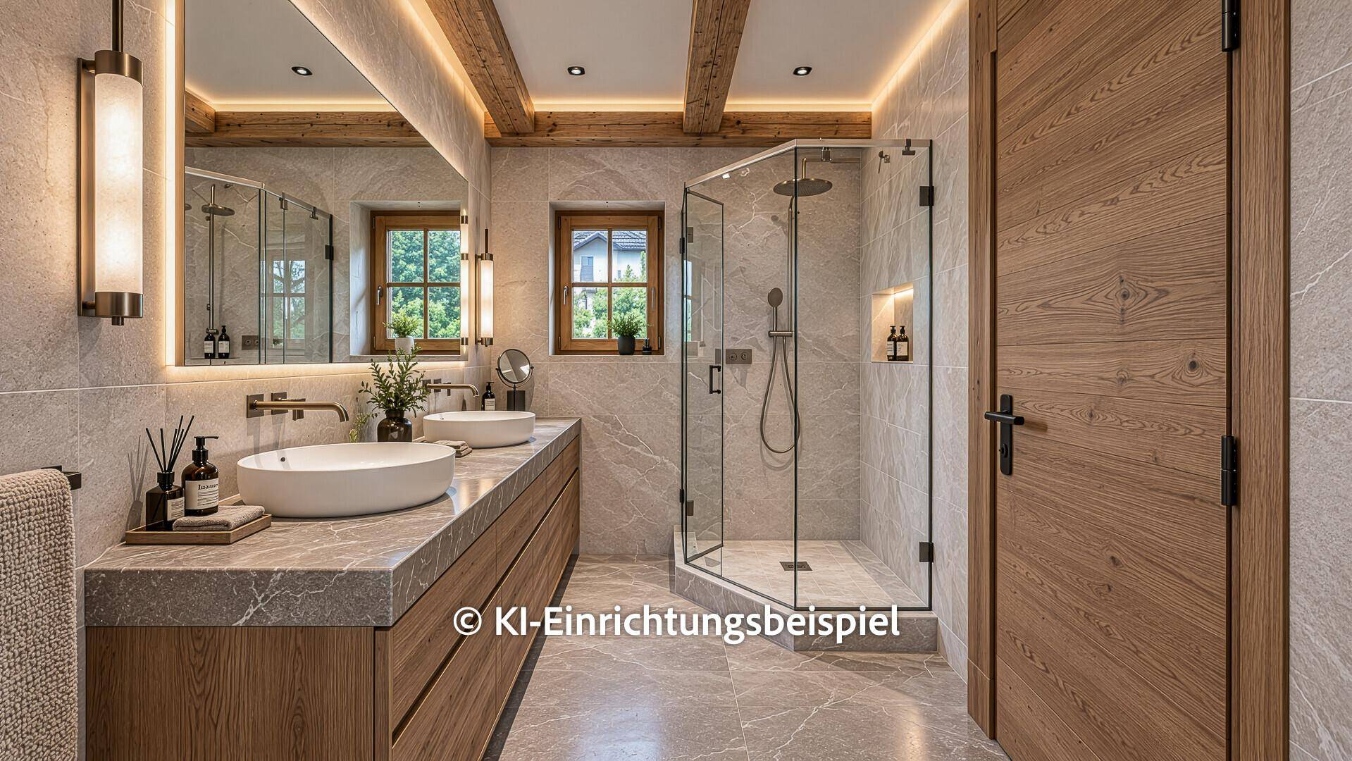 Modernes Badezimmer mit Doppelwaschbecken, Duschkabine und hochwertigen Steinfliesen.