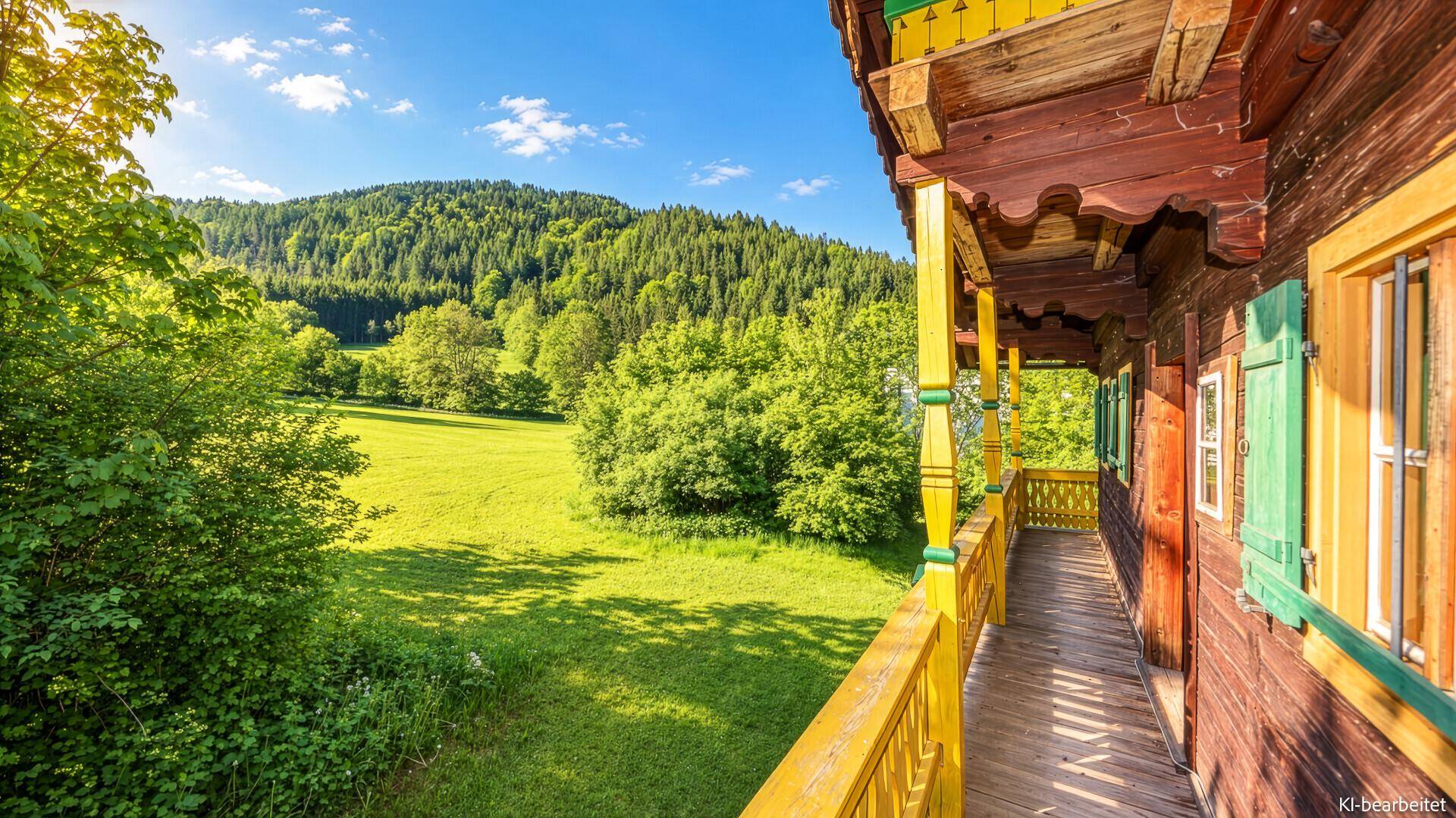 Sonniger Balkon eines traditionellen Holzhauses mit weitem Blick über grüne Wiesen und Wälder.