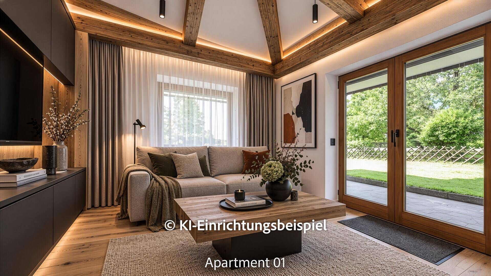 Modernes Wohnzimmer mit Holzbalken, stilvoller Einrichtung und Zugang zum Garten.
