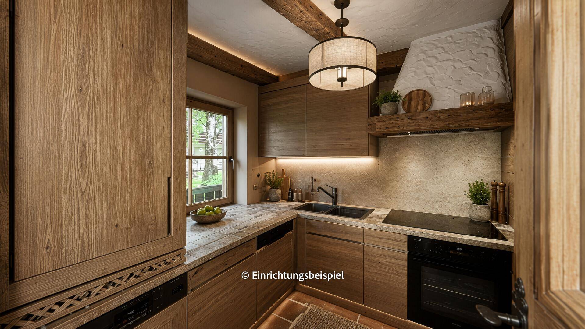 Modernisierte Küche im alpinen Stil mit Holzfronten, Stein-Arbeitsplatte und integrierten Geräten.
