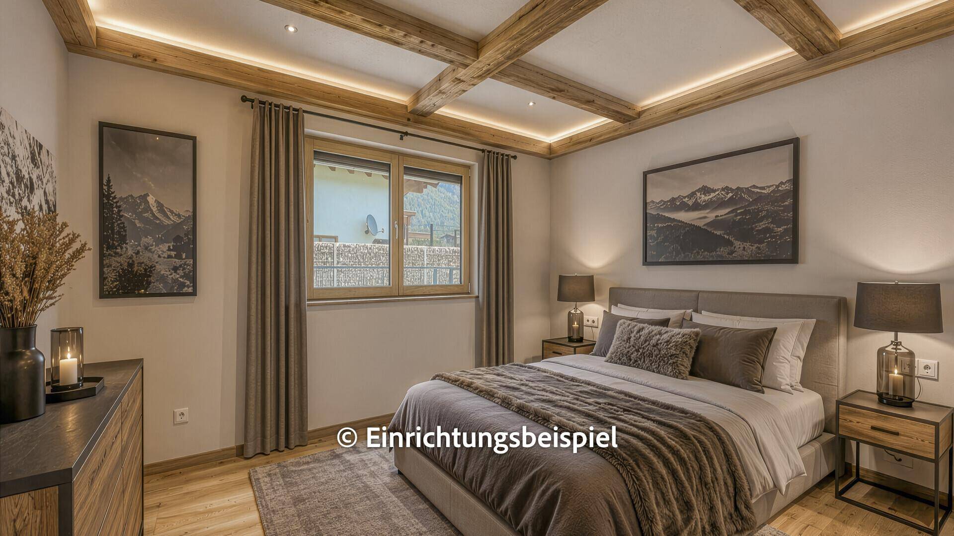 Gemütliches Schlafzimmer mit Holzbalken, Doppelbett und alpiner Dekoration.