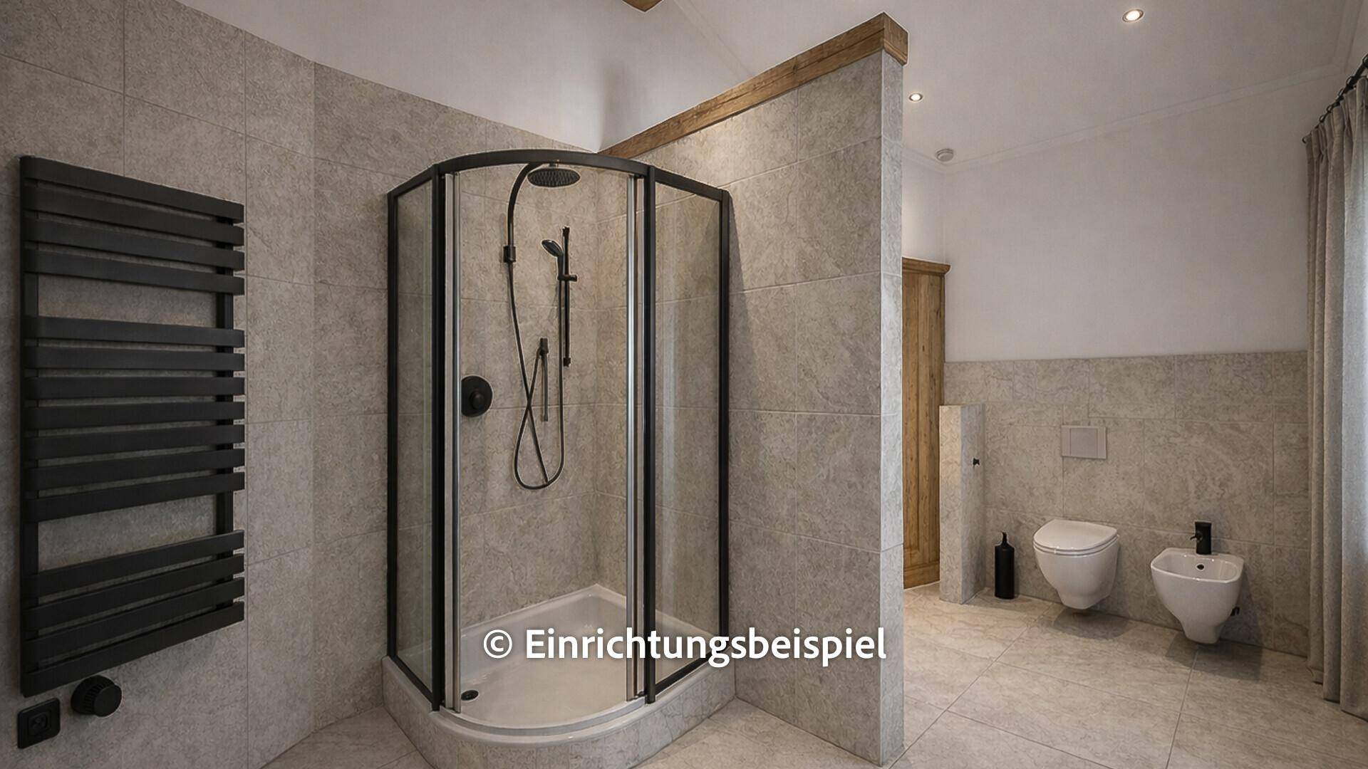 Modernes Badezimmer mit Eckdusche, WC, Bidet und beheiztem Handtuchhalter.