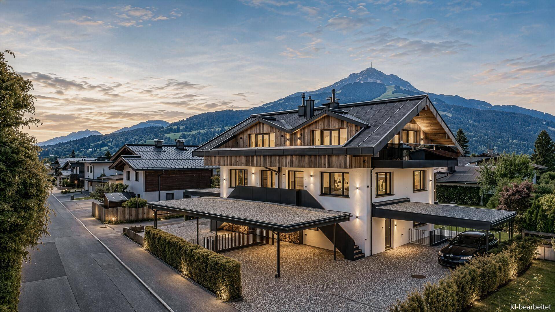 Elegantes Wohnhaus mit moderner Architektur und Carports, eingebettet in eine Berglandschaft bei Dämmerung.