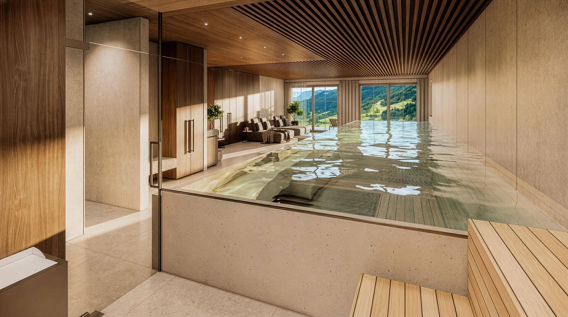 Moderner Wellnessbereich mit großem Innenpool, Sauna und Panoramafenstern mit Bergblick.