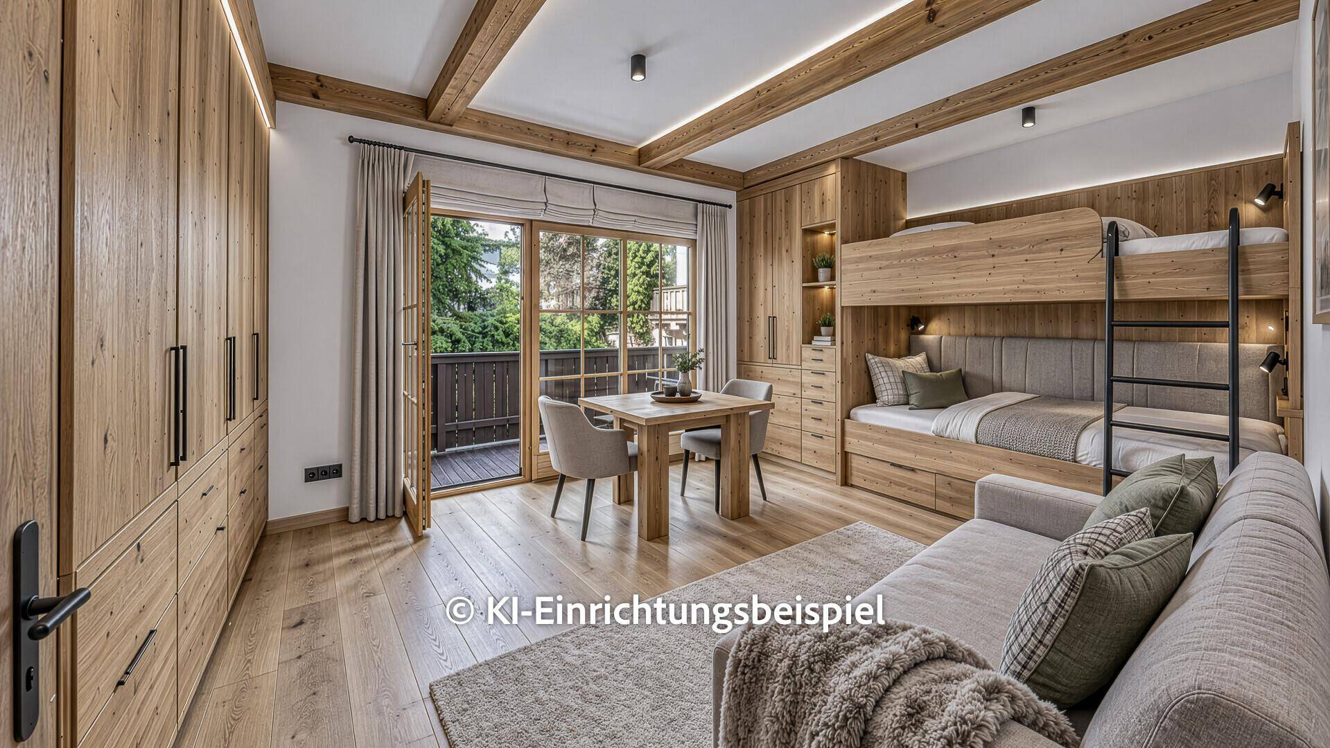 Modernes Kinderzimmer mit Etagenbett, Holzbalkendecke und Zugang zu einem Balkon mit grüner Aussicht.