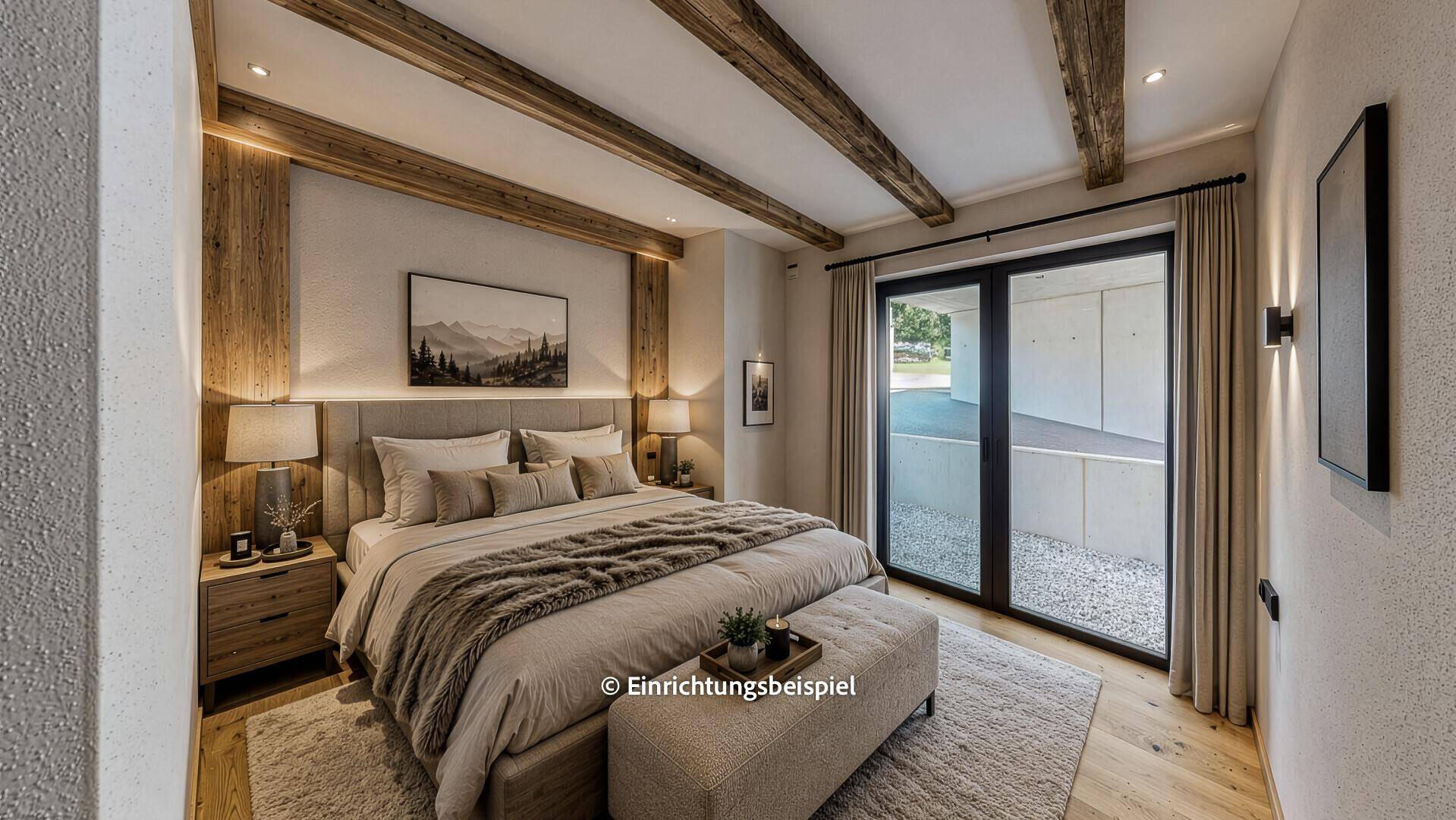 Gemütliches Schlafzimmer mit großem Bett, Holzbalken und Zugang zu einem Außenbereich.