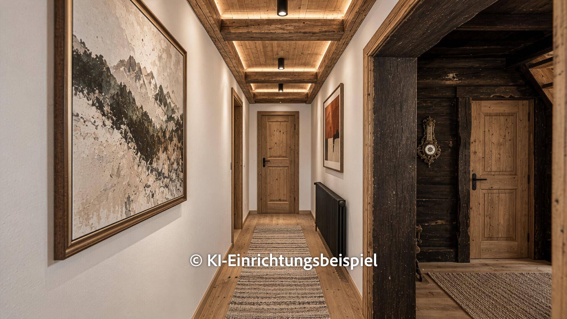 Renovierter Flur im alpinen Stil mit Holzboden, Holzbalkendecke und moderner Beleuchtung.