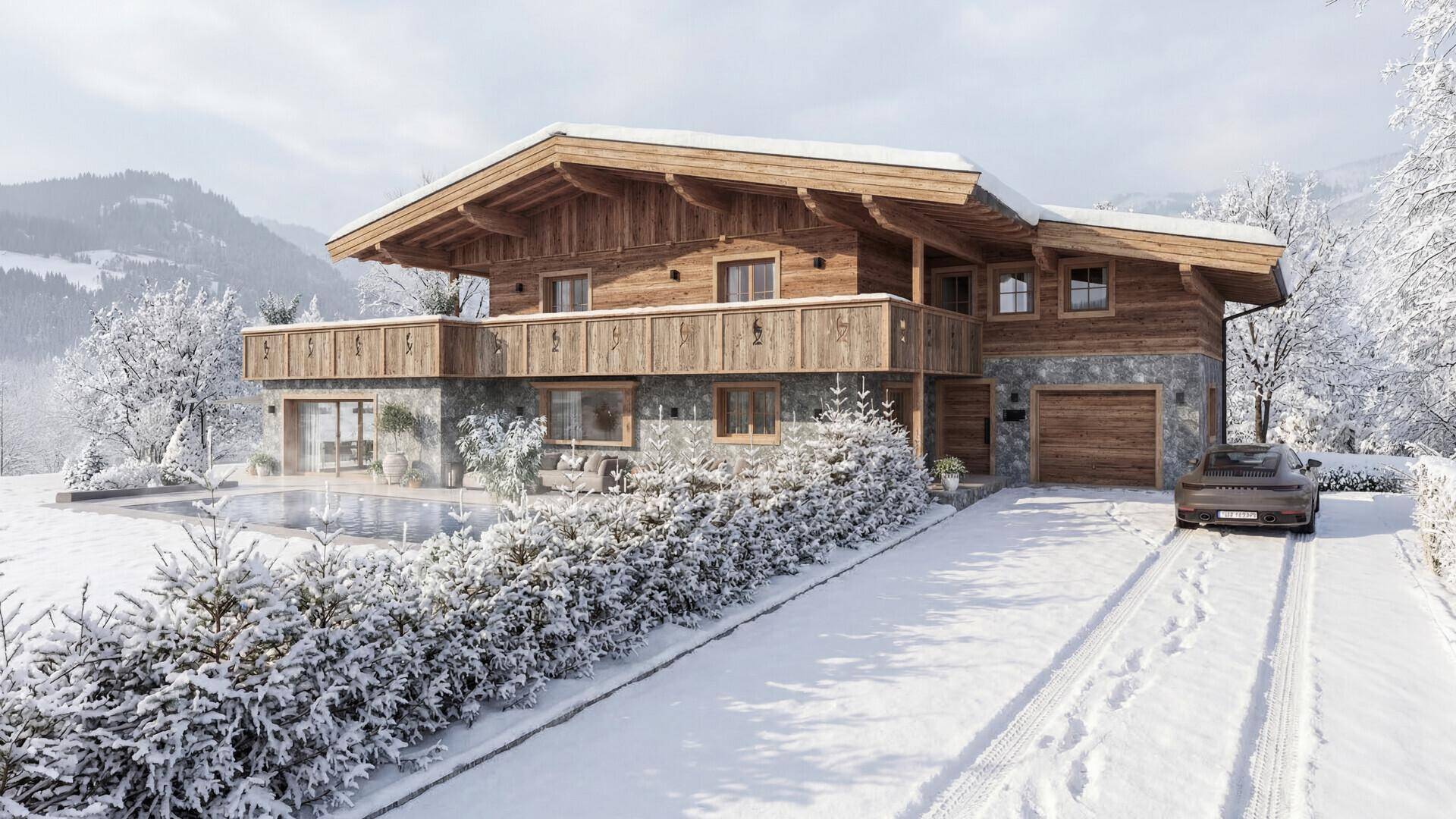 Winterliche Ansicht des Chalets mit verschneiter Auffahrt und traditioneller Holzfassade in den Bergen.