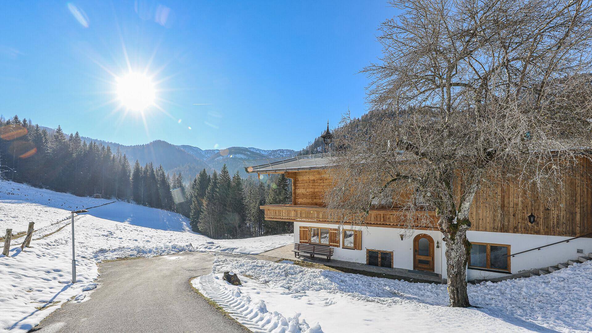 Chalet in verschneiter Landschaft mit sonnigem Ausblick und altem Baum.