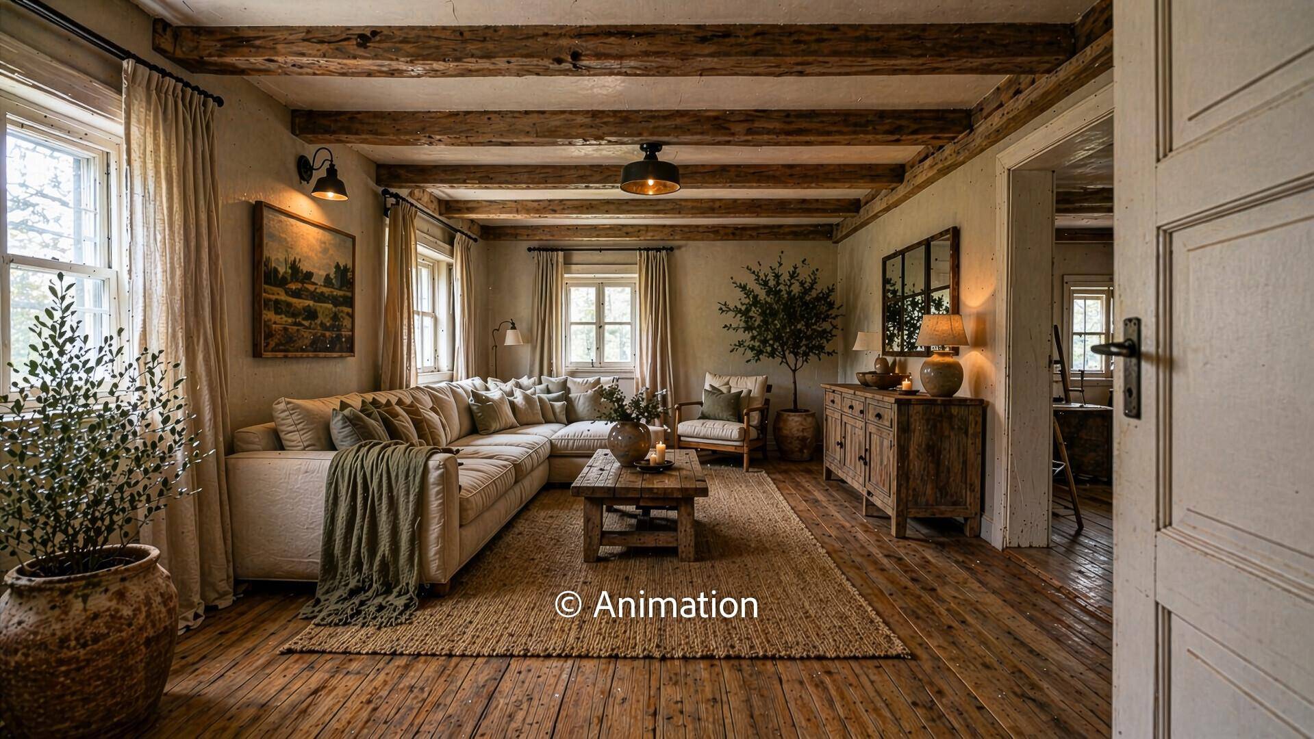 Gemütliches Wohnzimmer im Landhausstil mit Holzbalken, bequemer Couch und rustikalen Möbeln.