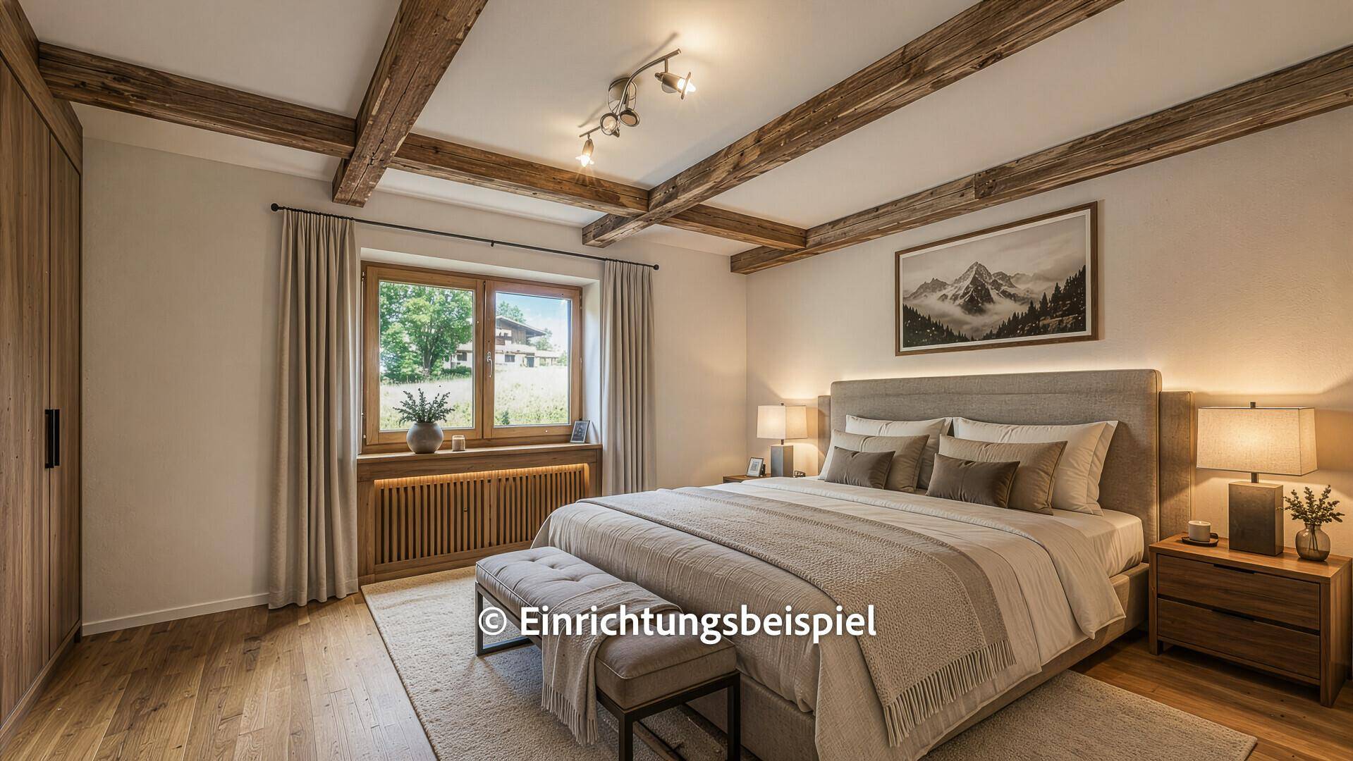 Gemütliches Schlafzimmer mit Doppelbett, Holzbalken und Blick ins Grüne durch das Fenster.