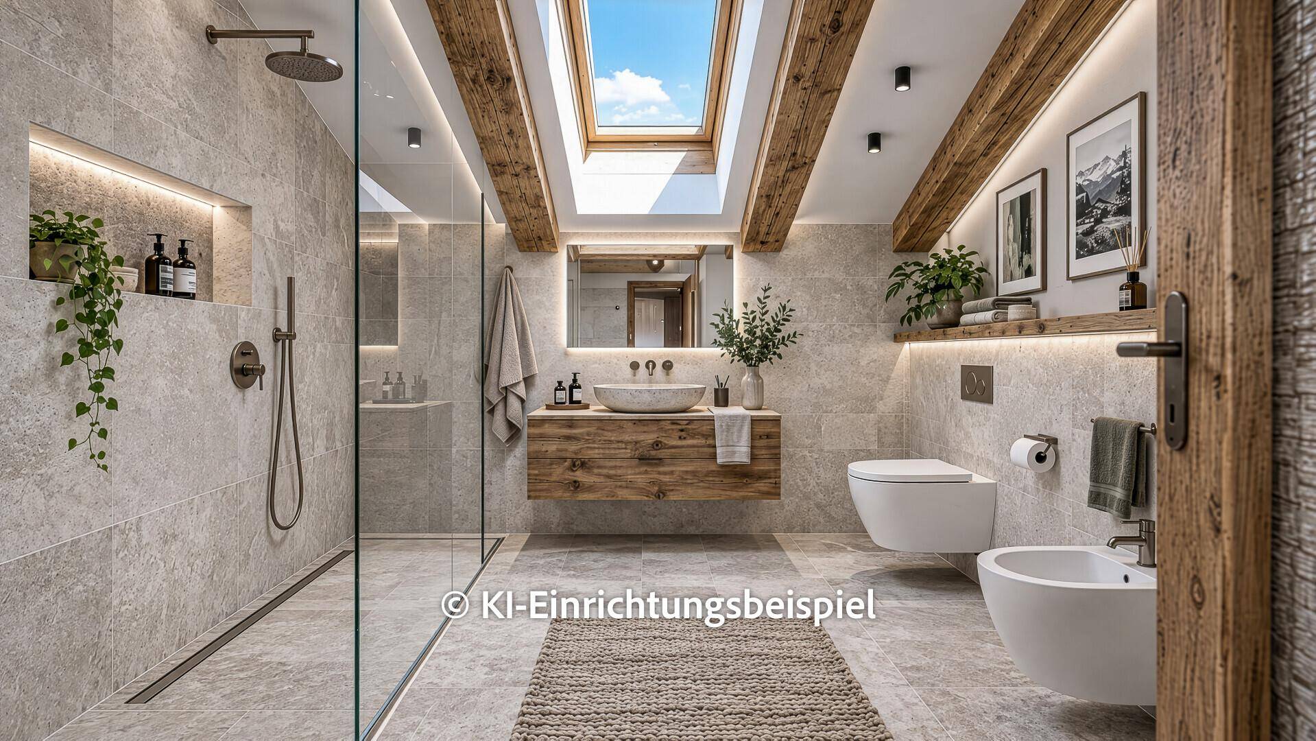 Modernes Badezimmer mit begehbarer Dusche, Holzelementen, Bidet und Dachfenster.