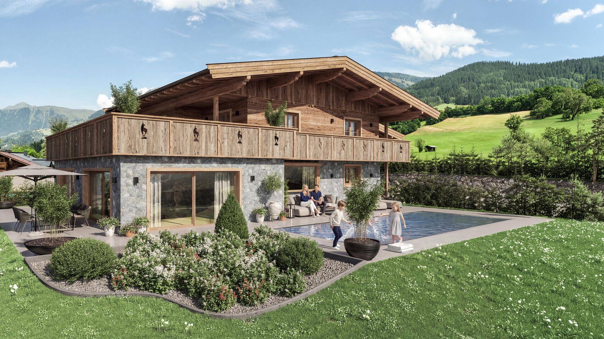 Seitenansicht des Chalets mit großem Pool, möblierter Terrasse und gepflegtem Garten in sonniger Lage.