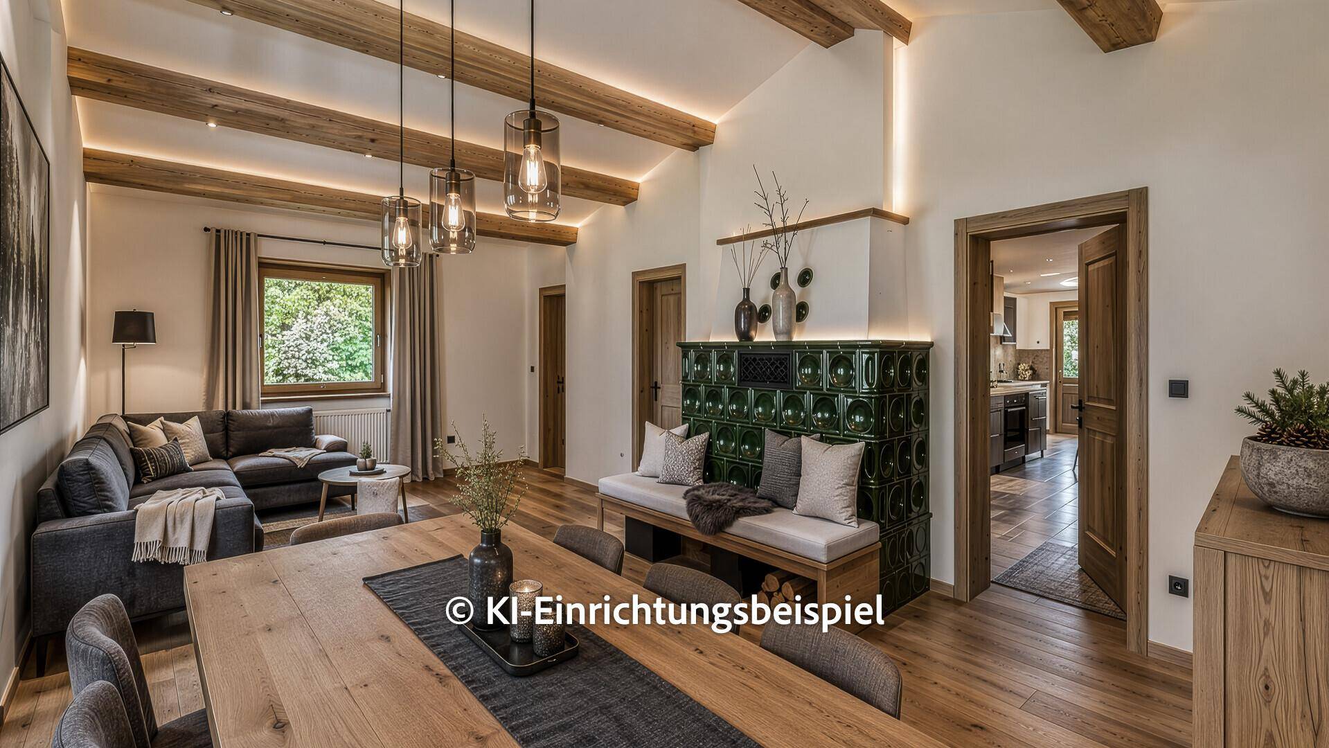 Modern interpretierter Wohn-Essbereich mit Holzbalken, Kachelofen und stilvoller Einrichtung.