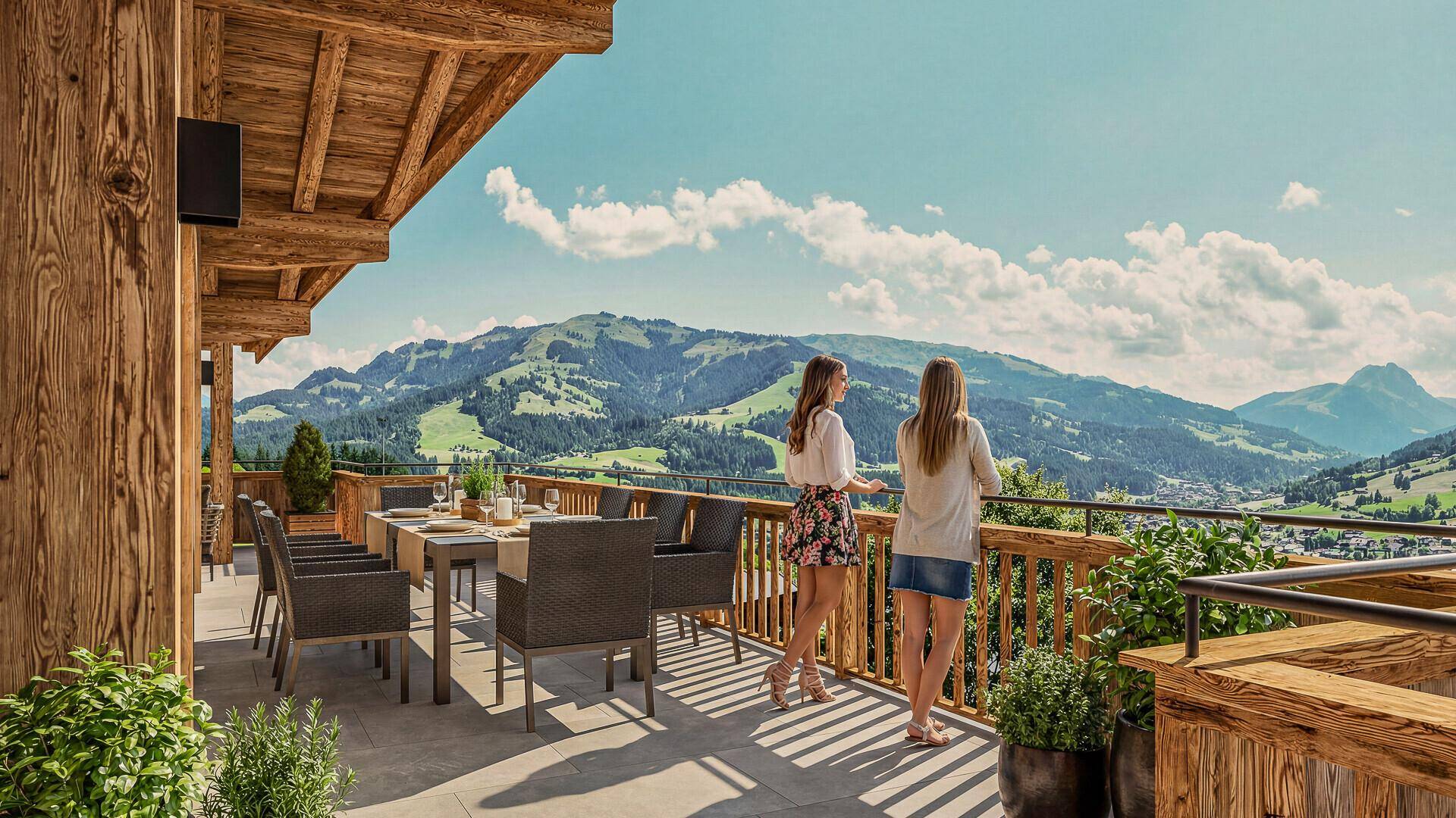 Geräumige Terrasse mit Esstisch und atemberaubendem Bergblick, perfekt zum Entspannen im Freien.