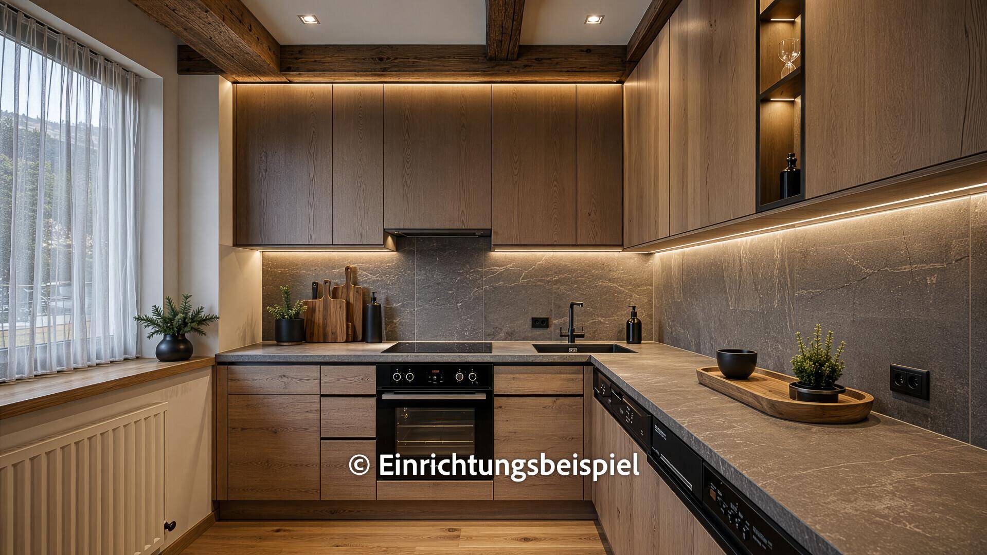 Moderne Küche im alpinen Stil mit dunklen Holzfronten, Steinoptik-Arbeitsplatten und integrierter Beleuchtung.