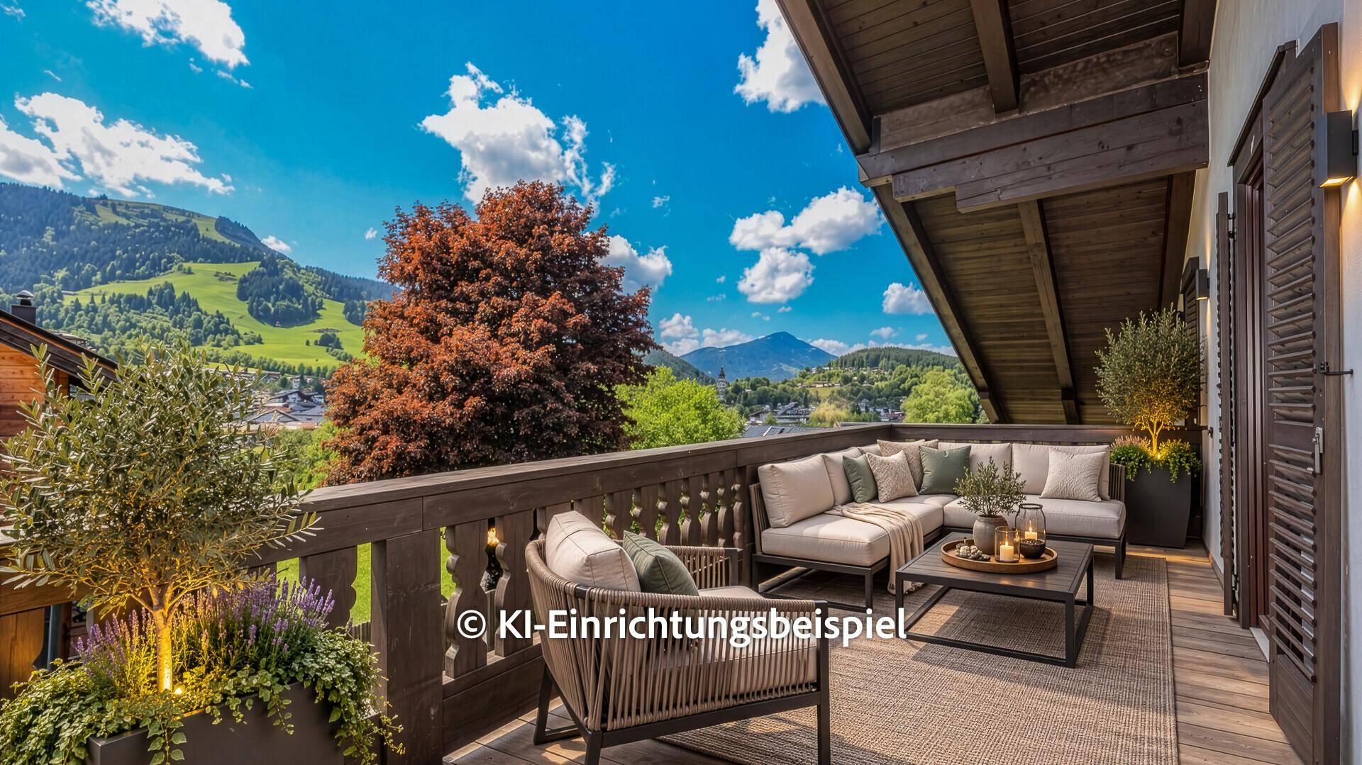Möblierter Balkon mit gemütlicher Sitzecke und atemberaubendem Blick auf die Alpenlandschaft bei Tageslicht.