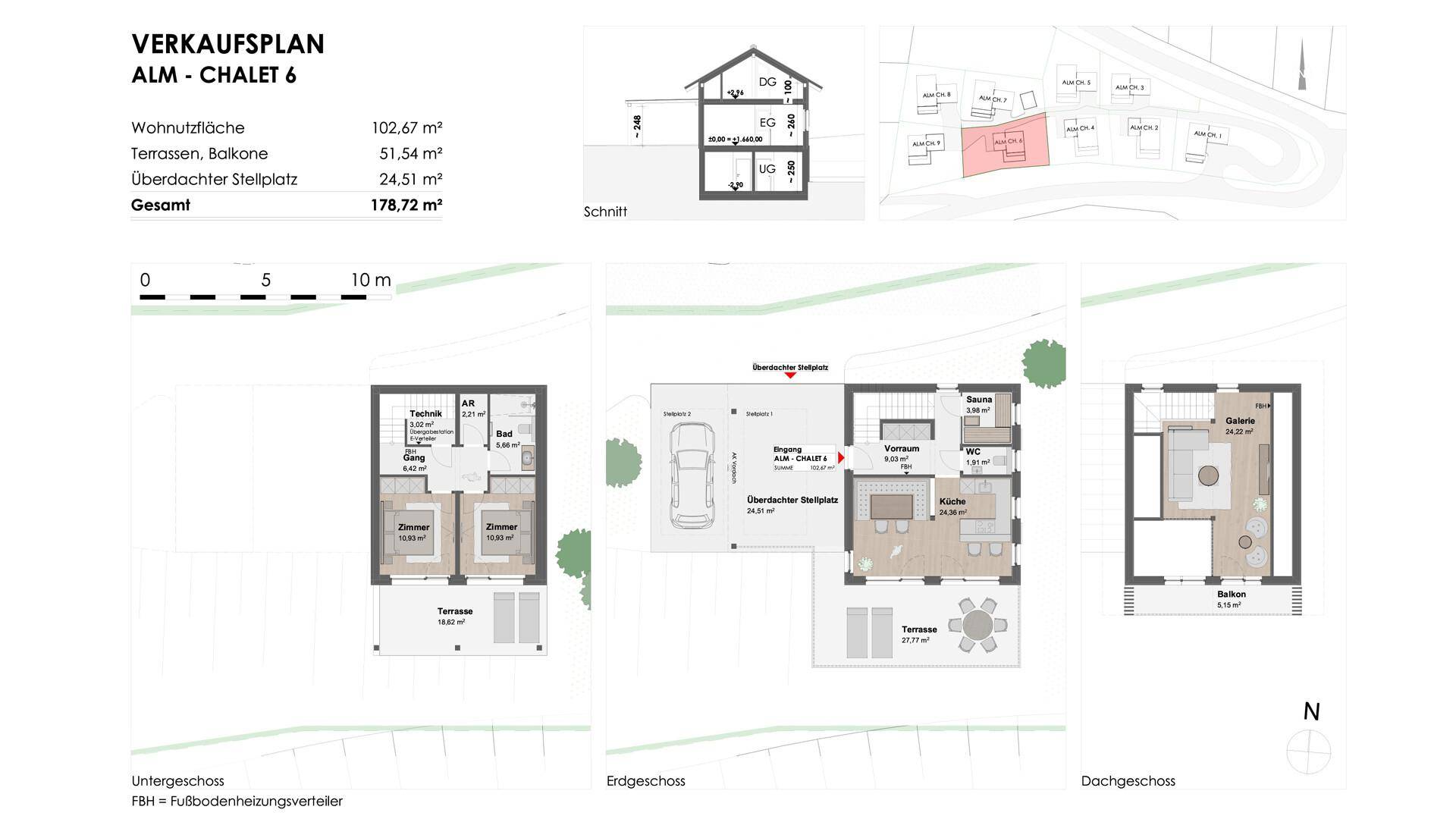Detaillierter Verkaufsplan für Chalet 6 mit Grundrissen für Untergeschoss, Erdgeschoss und Dachgeschoss.