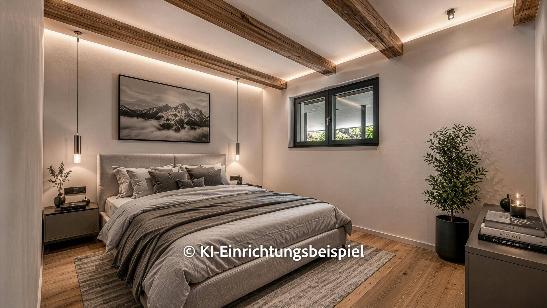 Gemütliches Schlafzimmer mit Holzbalken, großem Bett und Fenster.