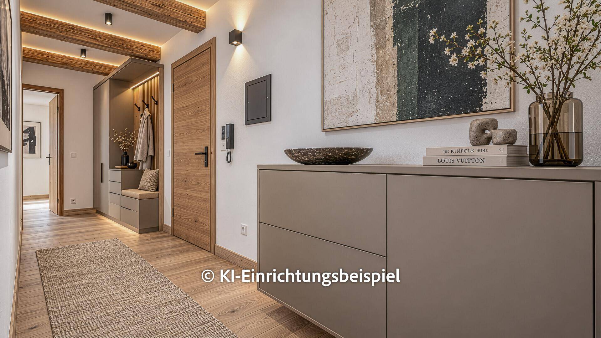 Moderner Flur mit Holzbalken, stilvoller Konsole und integriertem Garderobenschrank, hell und einladend.