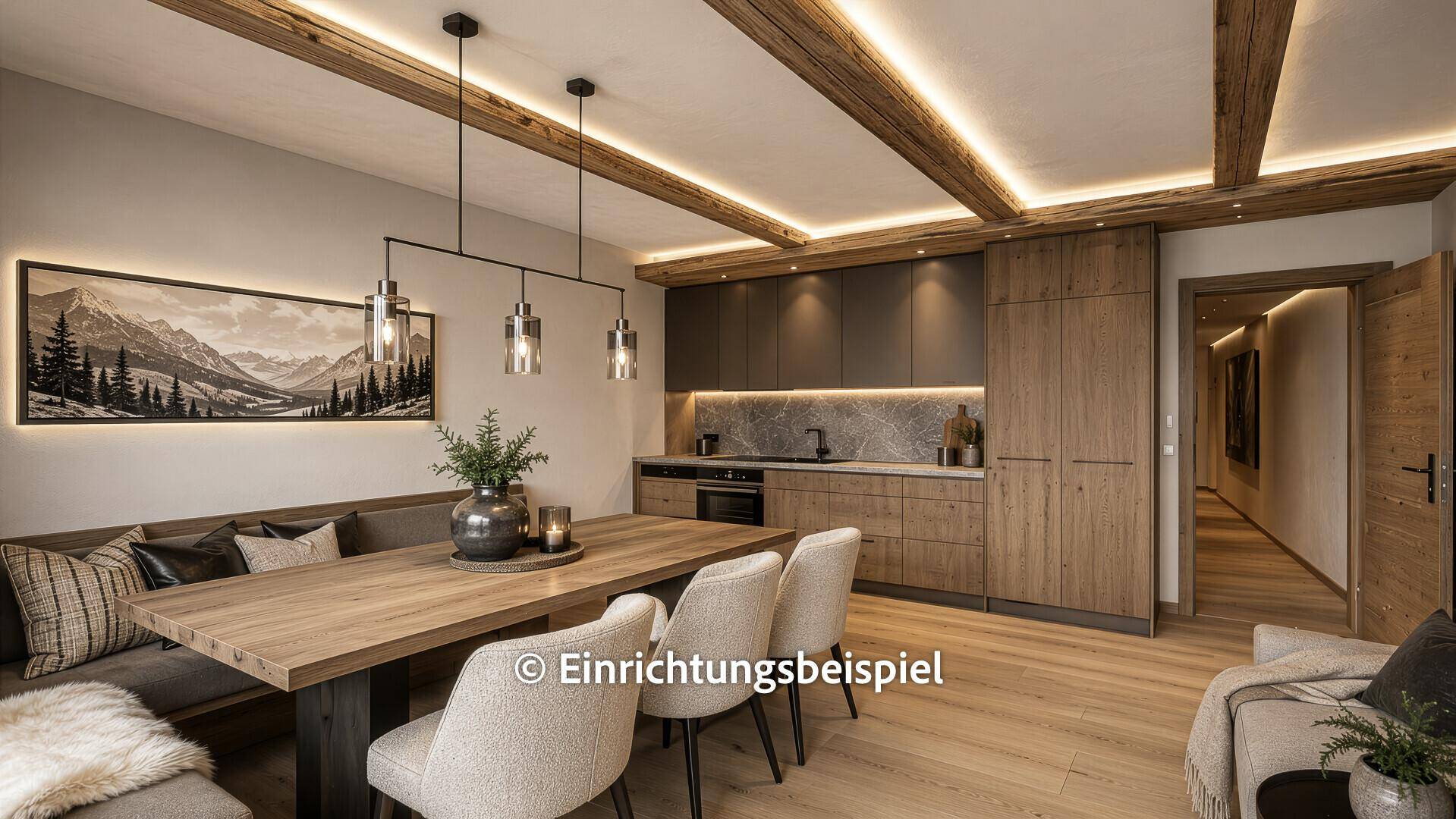 Moderne Küche mit dunklen Fronten, Holzelementen und Essbereich in alpinem Design.