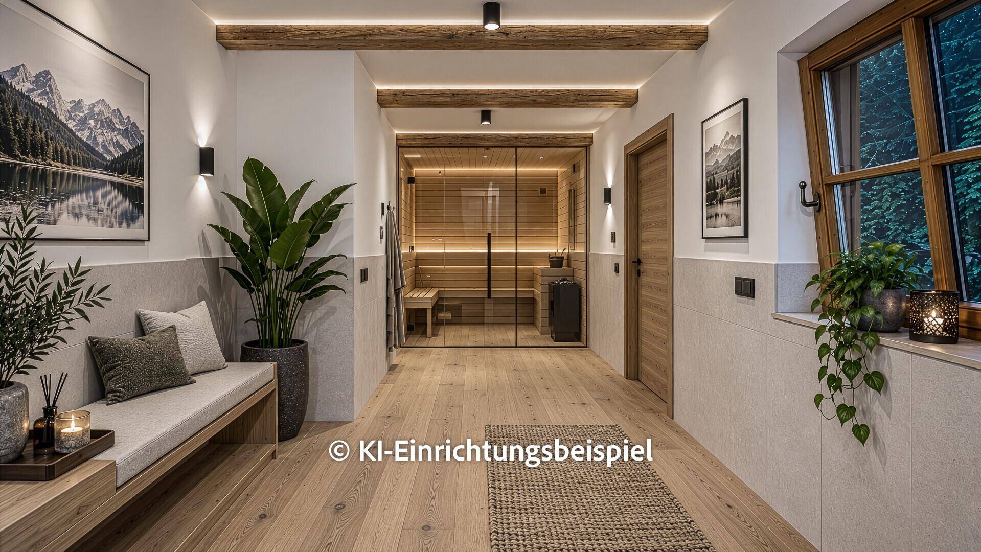 Moderner Flur mit Holzboden, Sitzbank und einer integrierten Sauna für Entspannung.