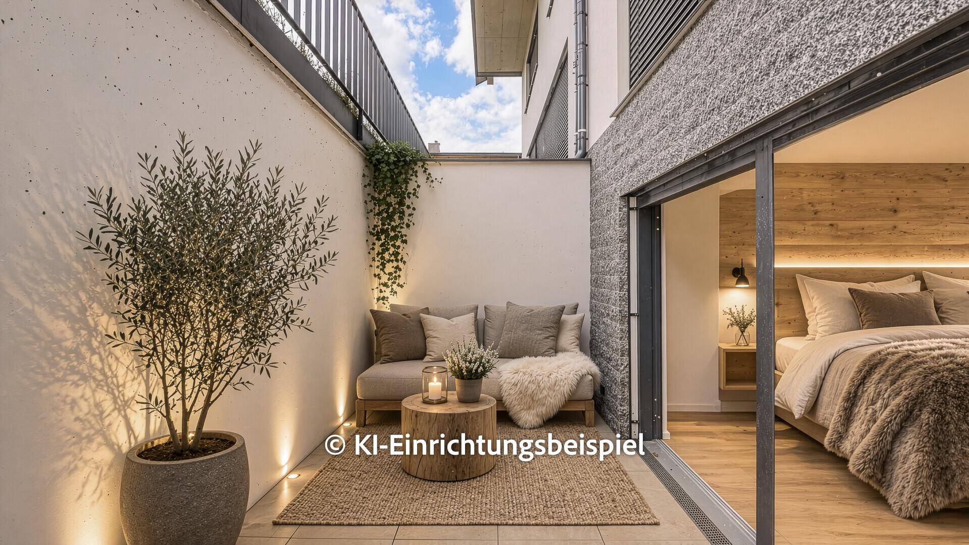 Gemütliche Terrasse mit Sitzgelegenheiten und Pflanzen, direkt vom Schlafzimmer zugänglich.