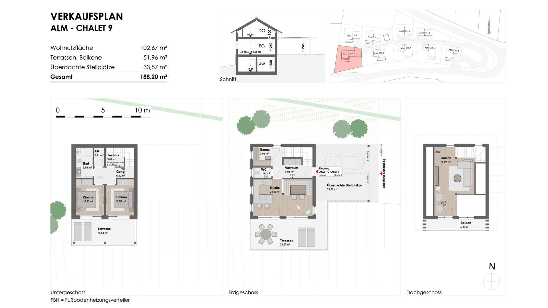 Detaillierter Grundriss eines Chalets mit drei Ebenen, Terrassen und einem überdachten Stellplatz.