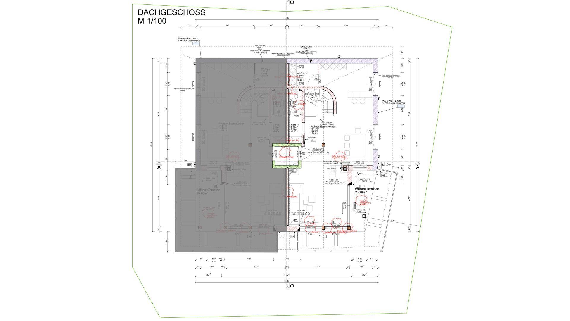 Grundriss des Dachgeschosses mit Maßangaben und Raumaufteilung.