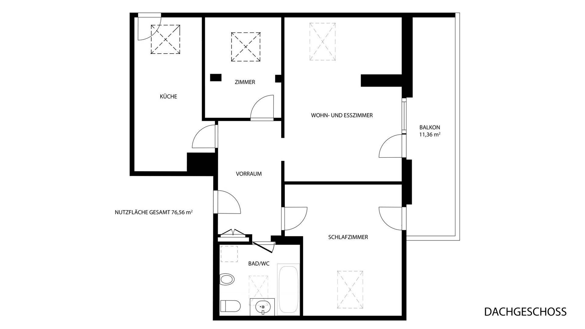 Grundriss des Dachgeschosses mit Wohn- und Esszimmer, Küche, Schlafzimmer und Balkon.