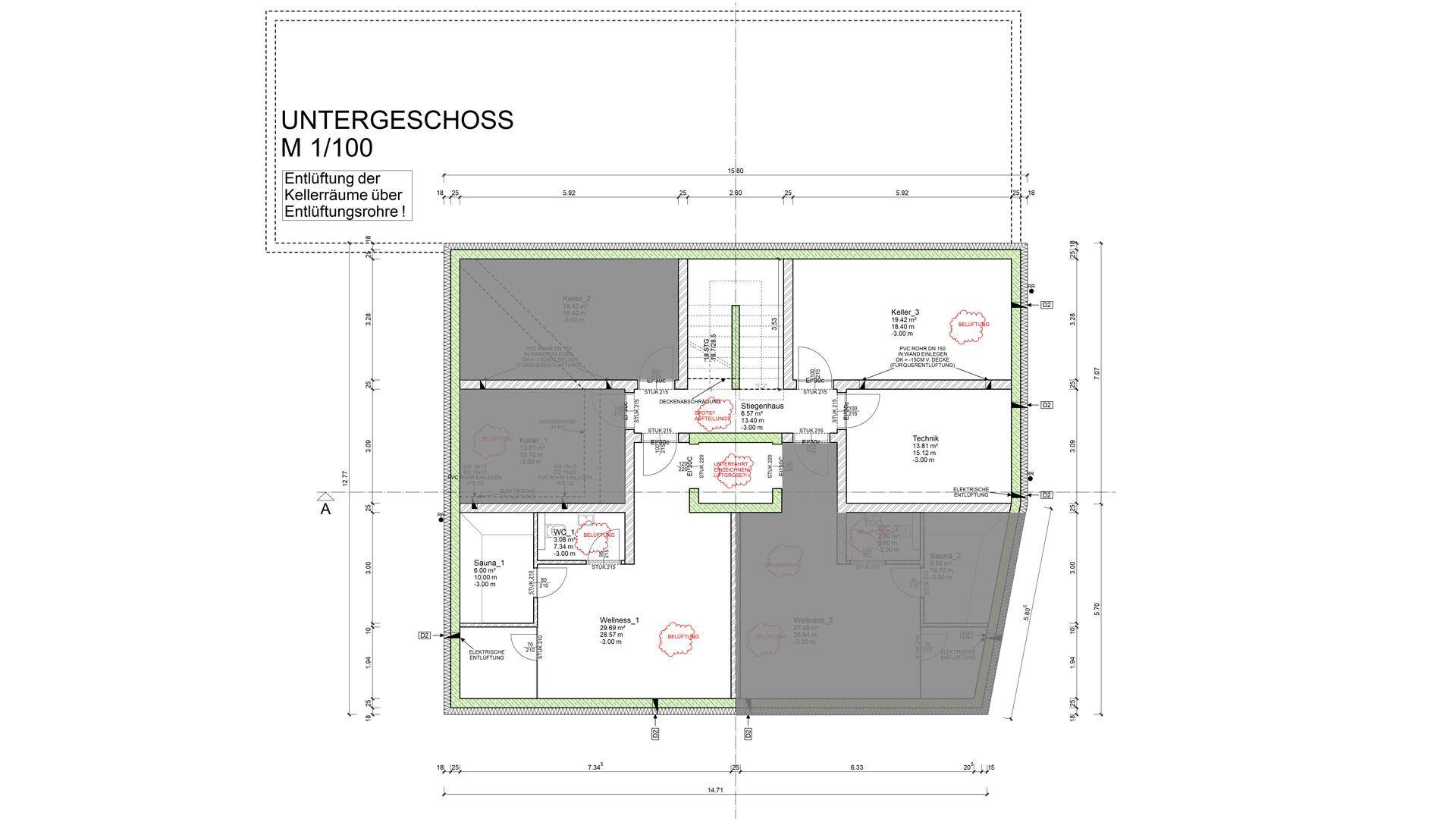 Grundriss des Untergeschosses mit Kellerabteilen und Technikräumen.