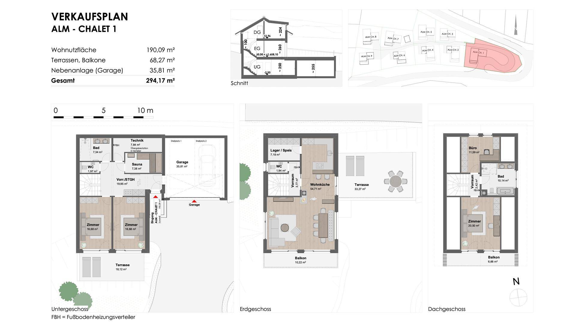 Verkaufsplan für Chalet 1 mit Grundrissen für Unter-, Erd- und Dachgeschoss sowie Flächenangaben.