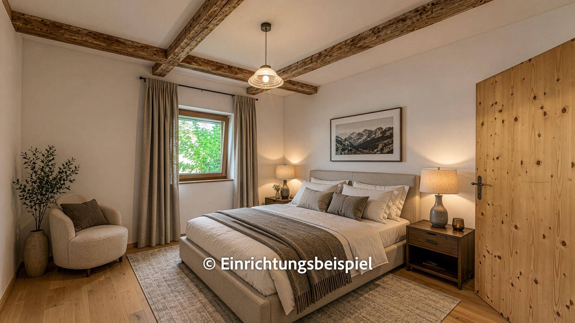 Komfortables Schlafzimmer mit Doppelbett, Holzbalken und Blick auf die umliegende Natur.