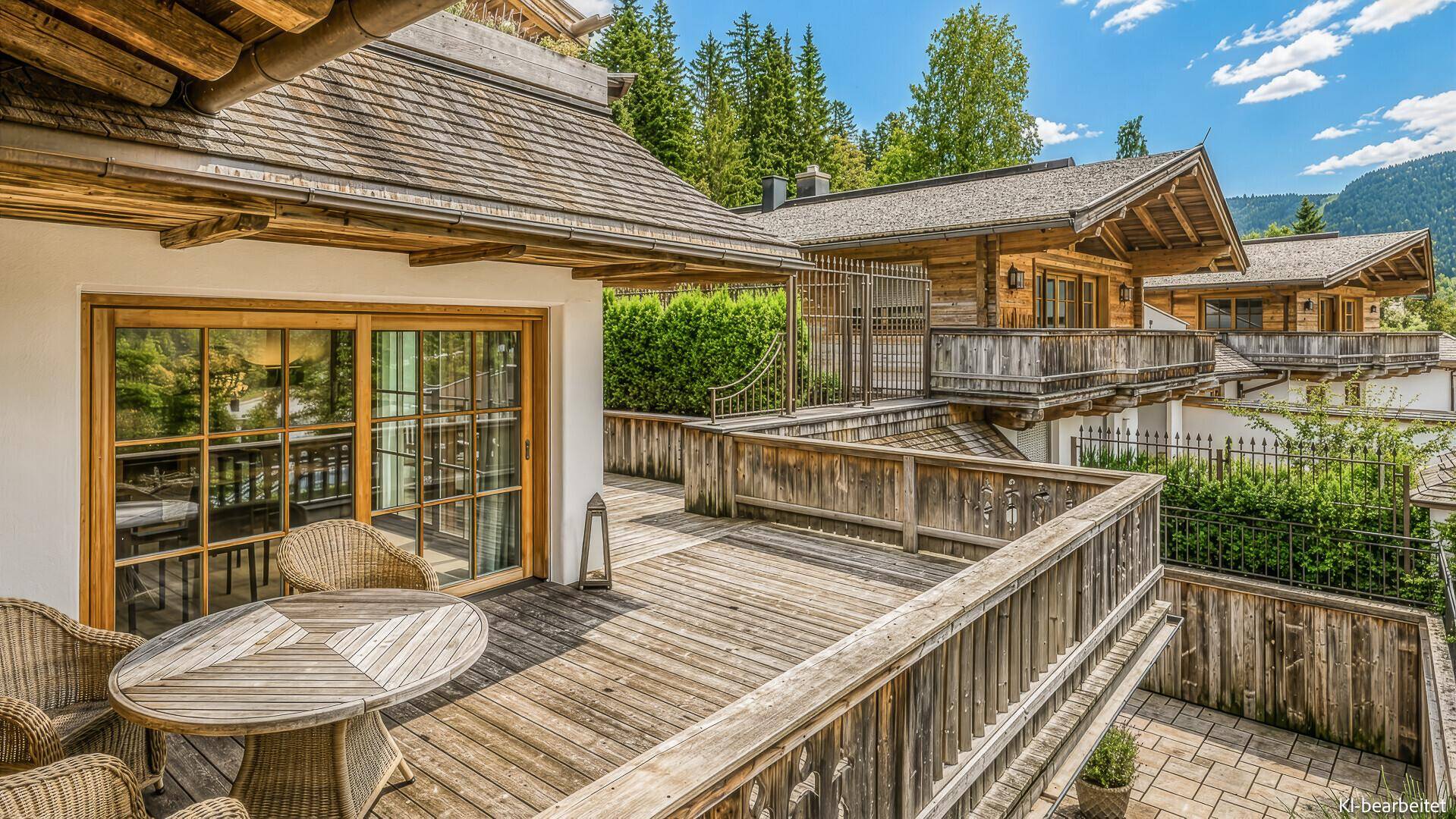 Geräumige Holzterrasse mit Sitzgelegenheiten und Blick auf die umliegenden Chalets und Berge.