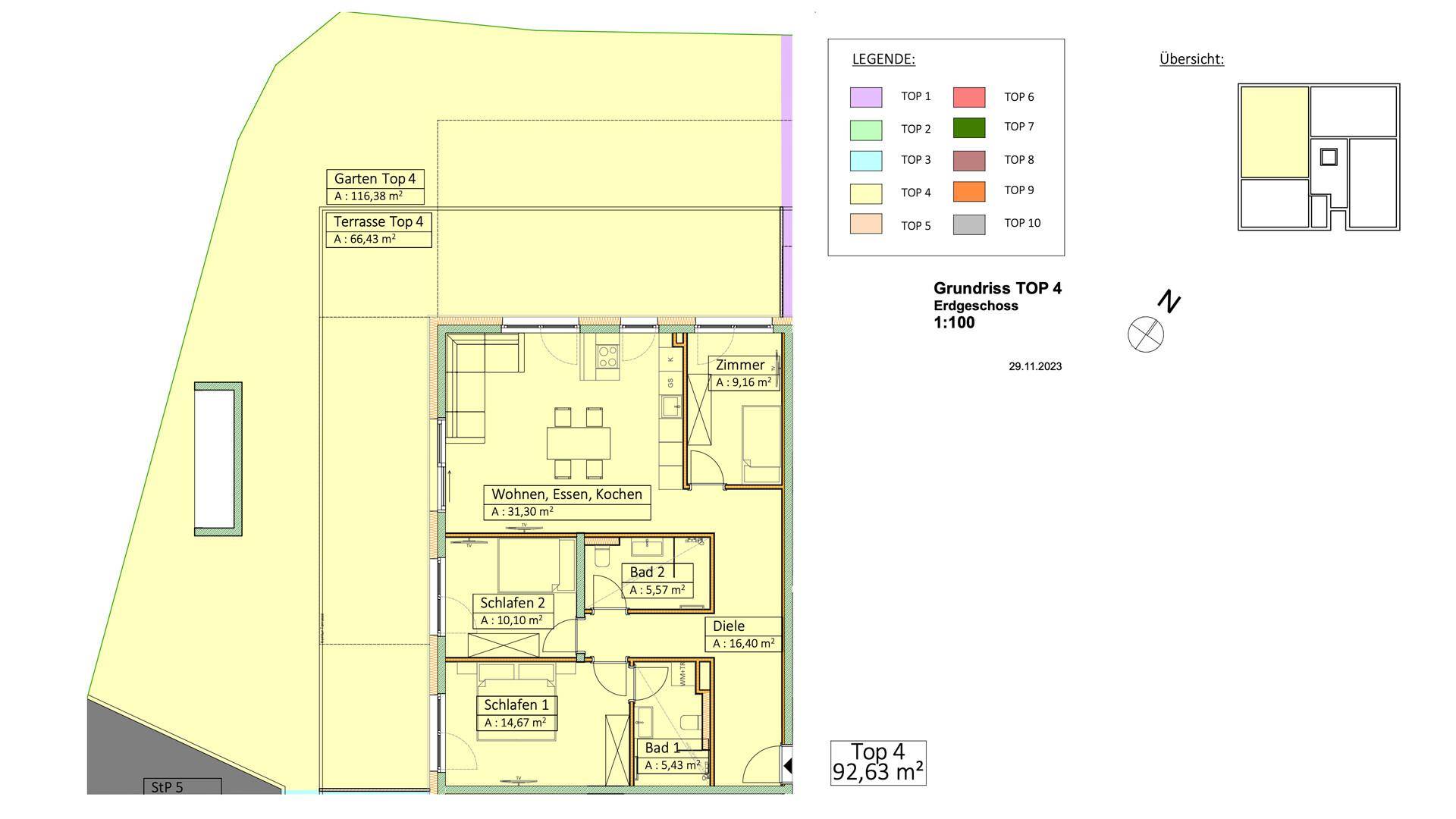Grundriss der Erdgeschosswohnung Top 4 mit offenem Wohnbereich, zwei Bädern, Garten und Terrasse.