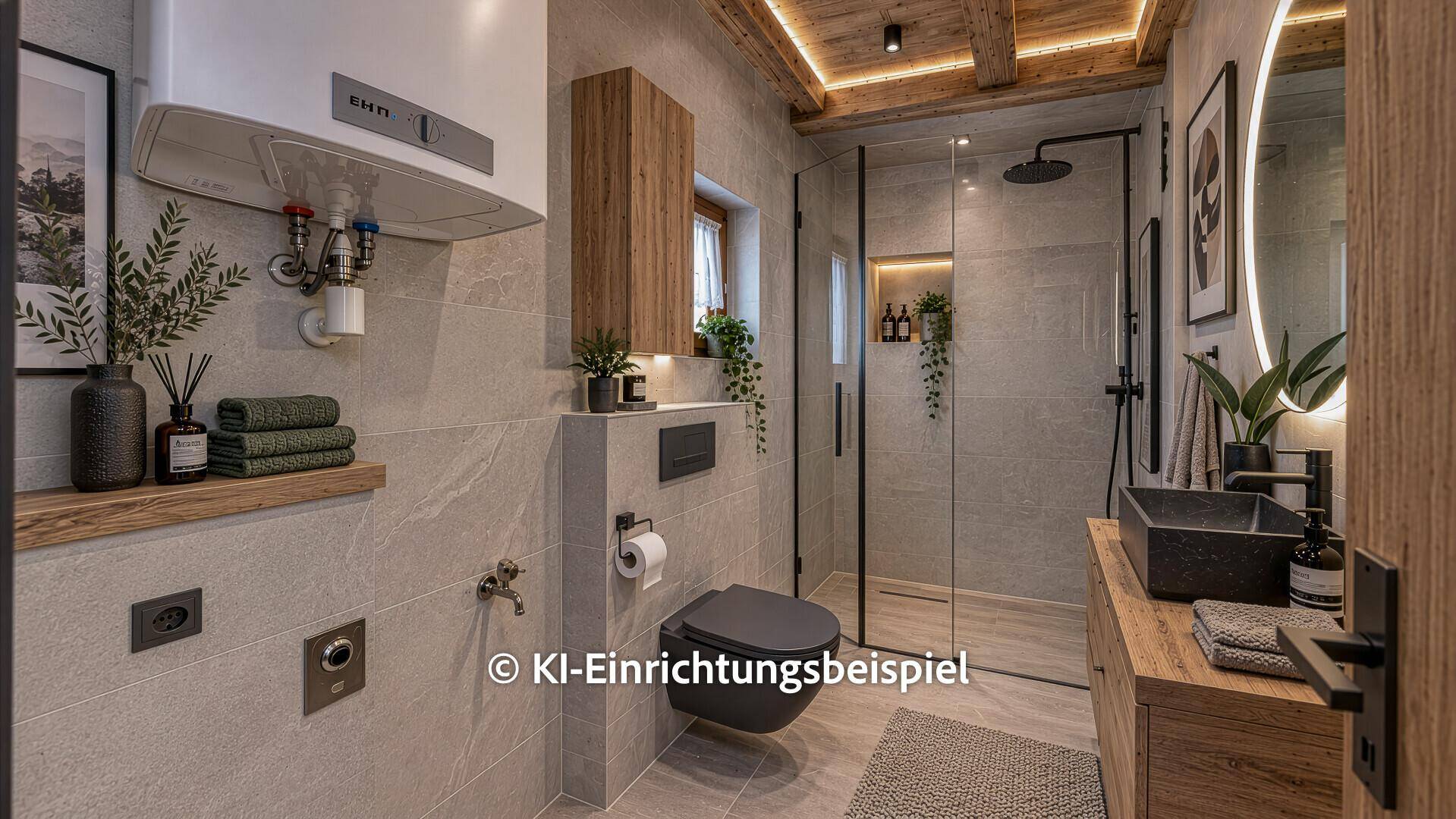 Modernes Badezimmer mit begehbarer Dusche, stilvollen Fliesen und Holzwaschtisch.