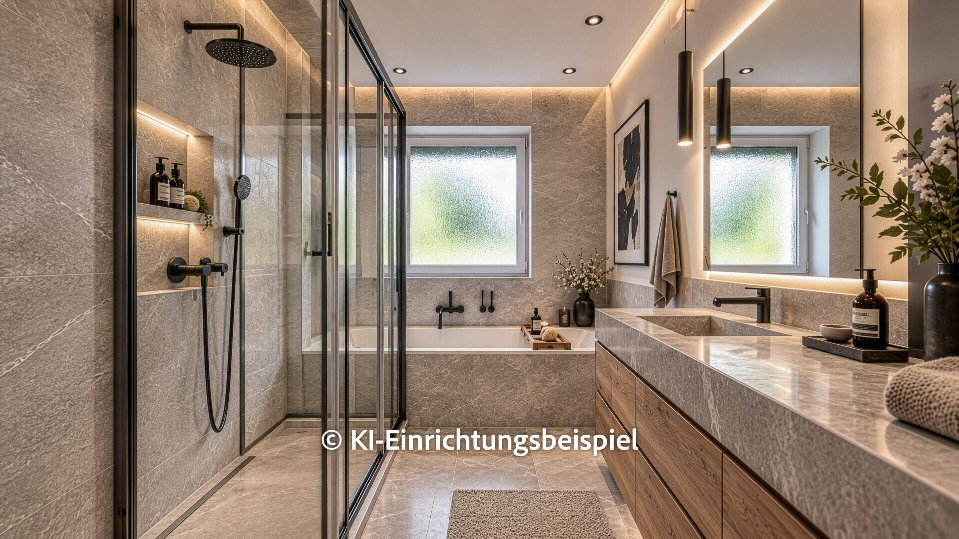 Modernes Badezimmer mit grauen Fliesen, begehbarer Dusche, Badewanne und stilvollem Waschtisch.