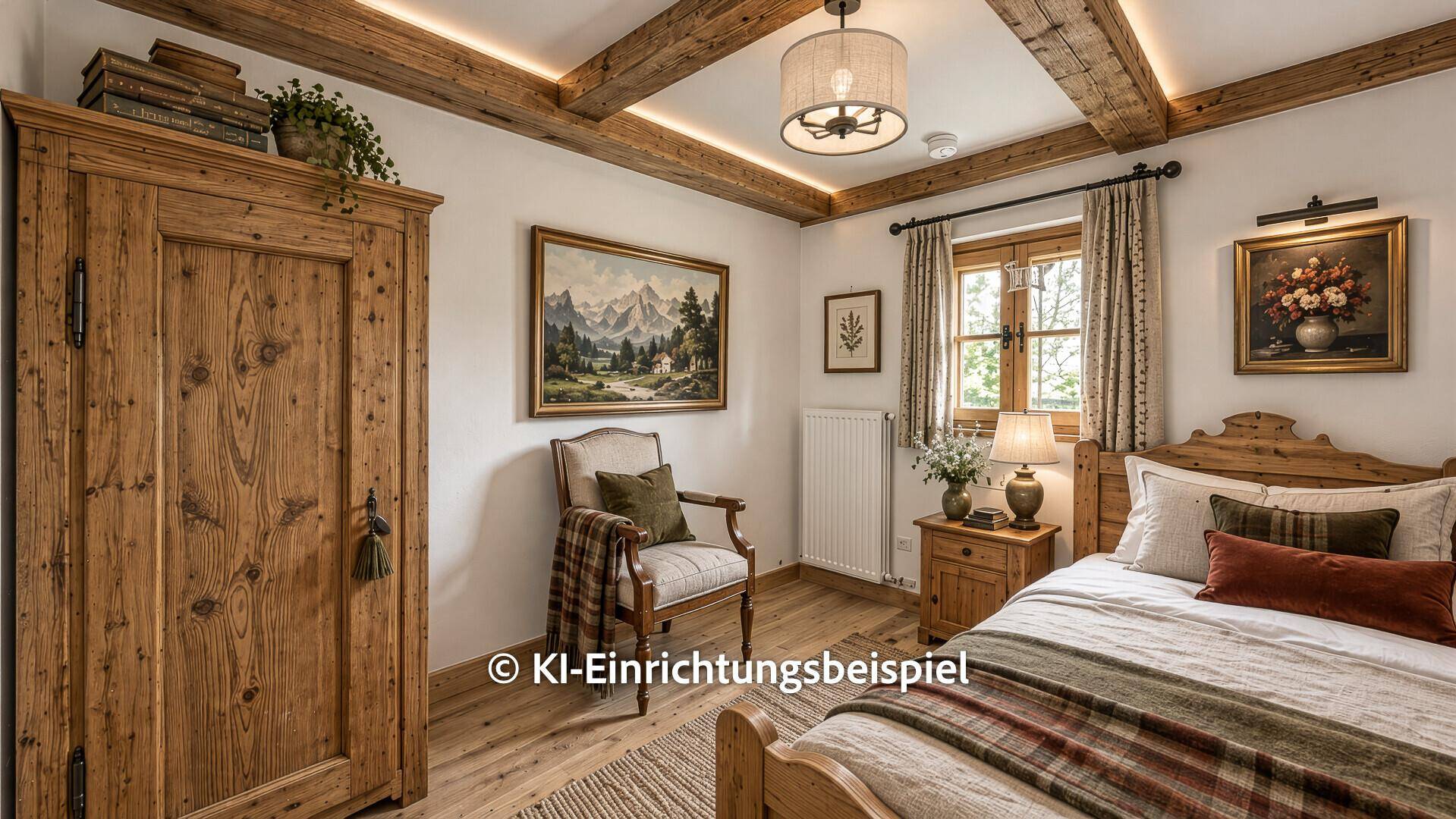 Renoviertes Schlafzimmer im alpinen Stil mit Einzelbett, Holzschrank und indirekt beleuchteten Holzbalken.