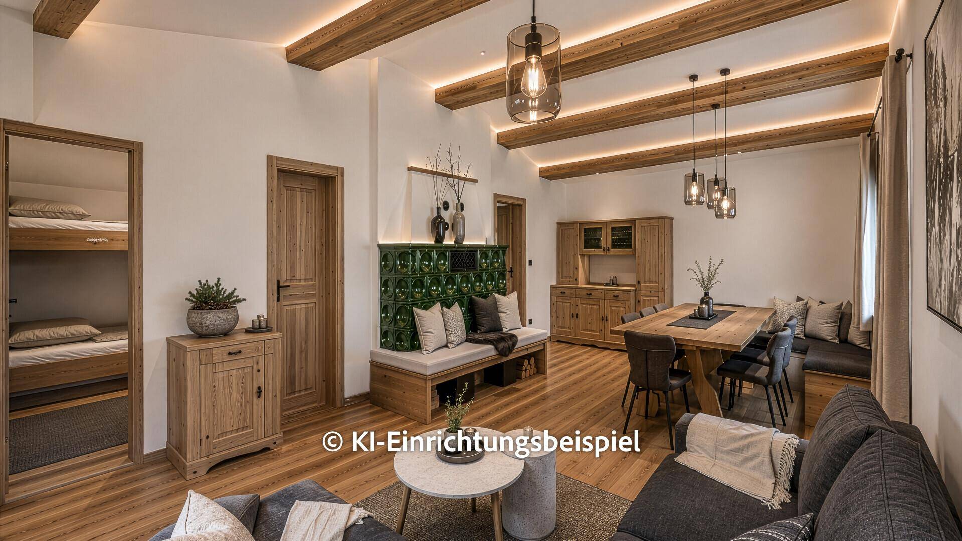 Modern gestalteter Wohn-Essbereich mit Holzbalken, Kachelofen und Blick auf ein Schlafzimmer.