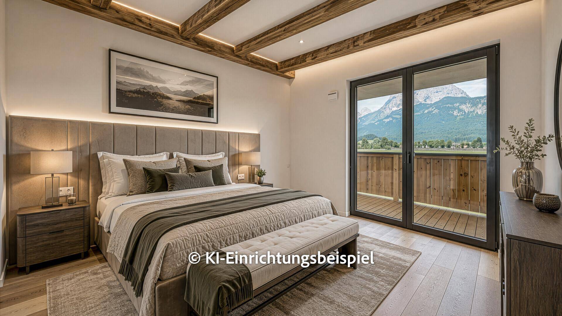 Modern eingerichtetes Schlafzimmer mit Holzbalkendecke und Zugang zum Balkon mit Bergblick.
