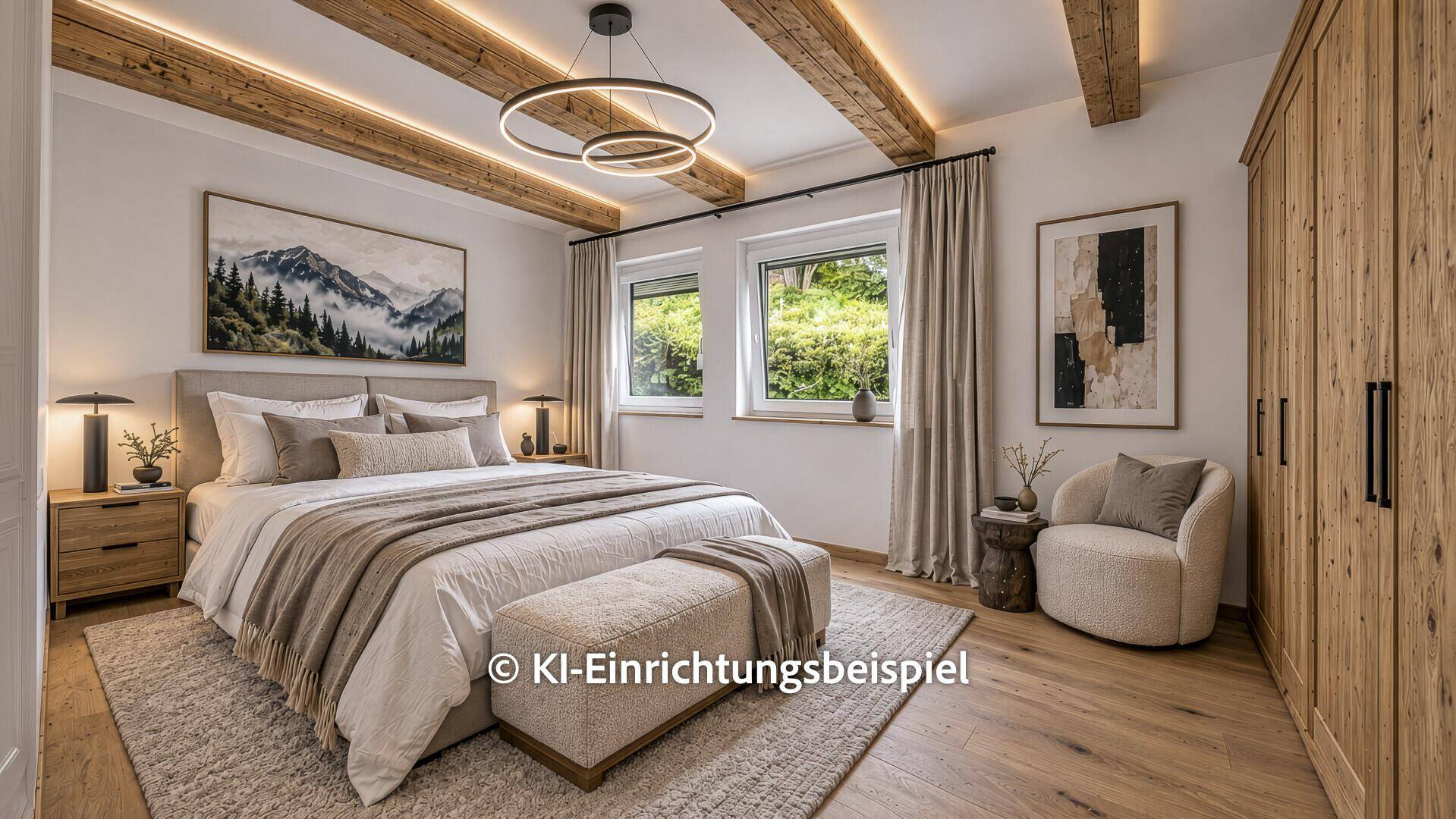 Modernes Schlafzimmer mit Holzbalken, großem Bett und stilvoller Einrichtung, hell und einladend.